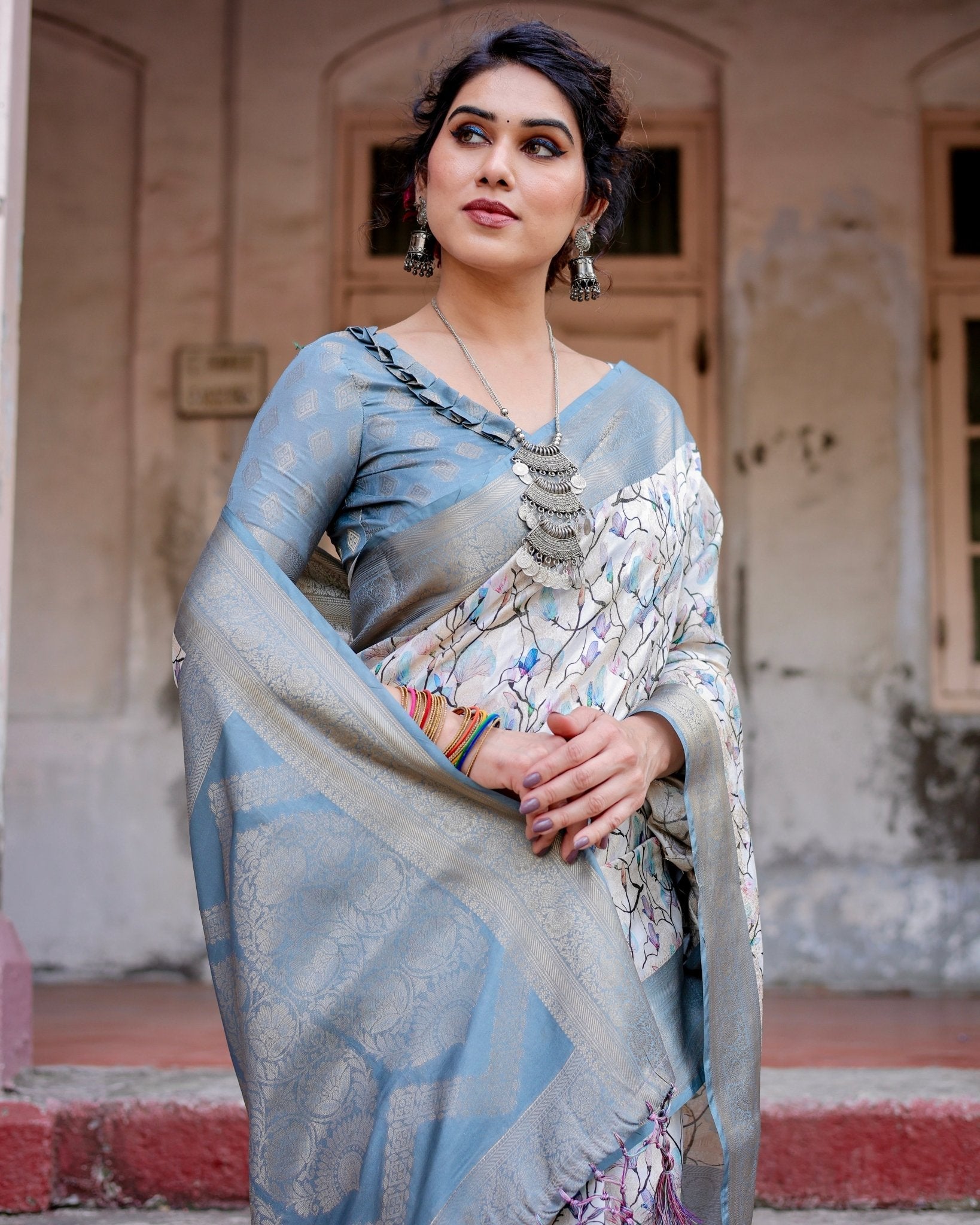 Elegant Light Blue Banarasi Silk Saree with Floral Design and Zari Weaved Pallu