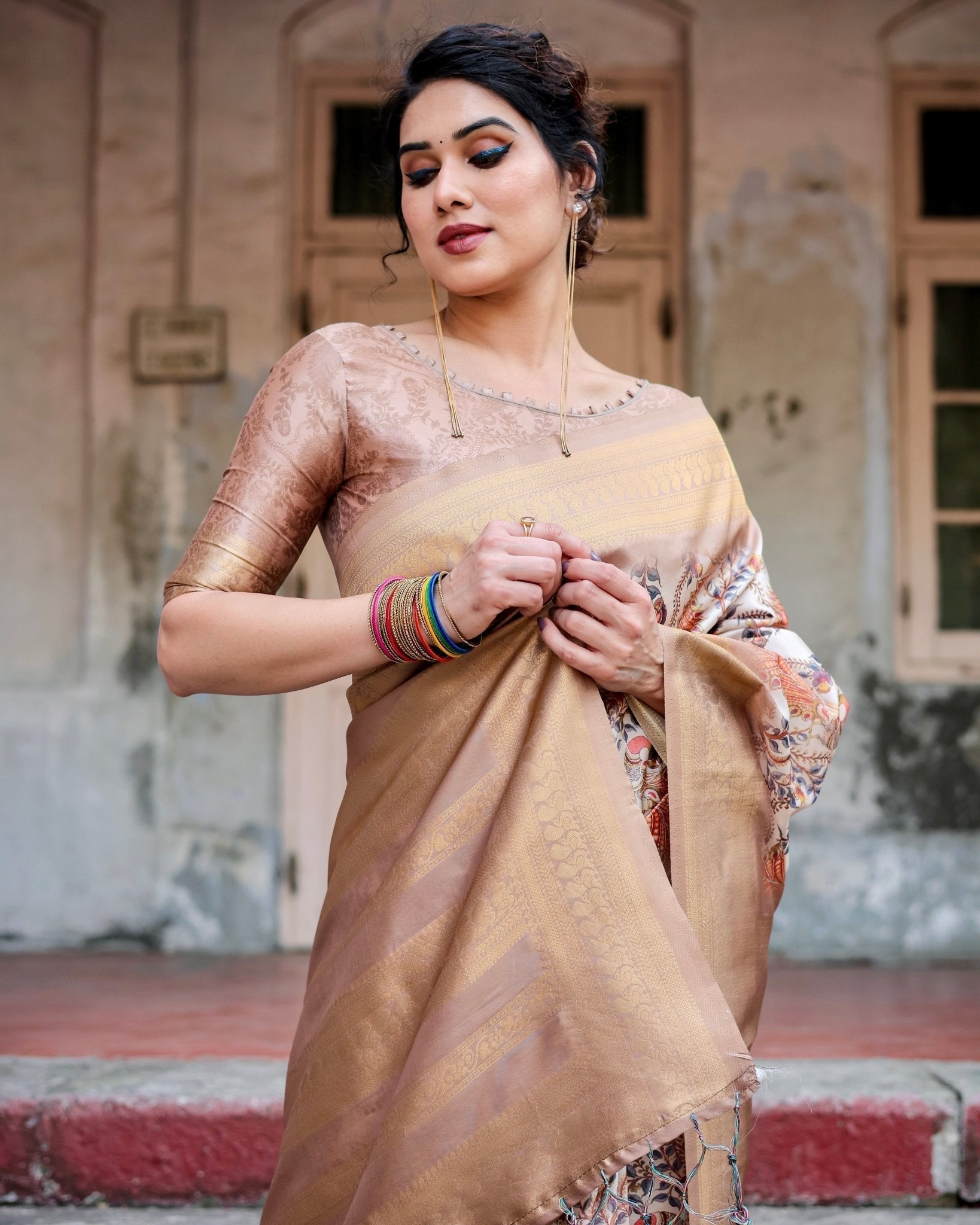 Elegant Beige Floral Banarasi Silk Saree with Zari Weave and Tassels