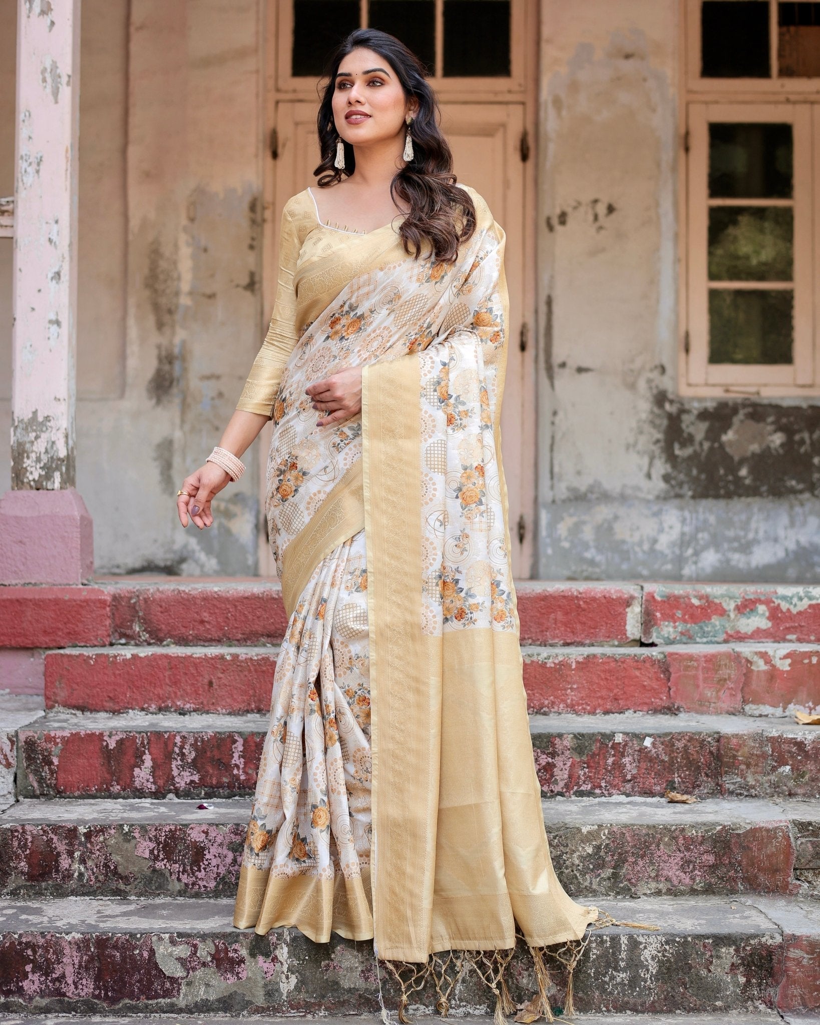 Ivory and Gold Banarasi Silk Saree with Floral Print, Zari Border, and Tassels