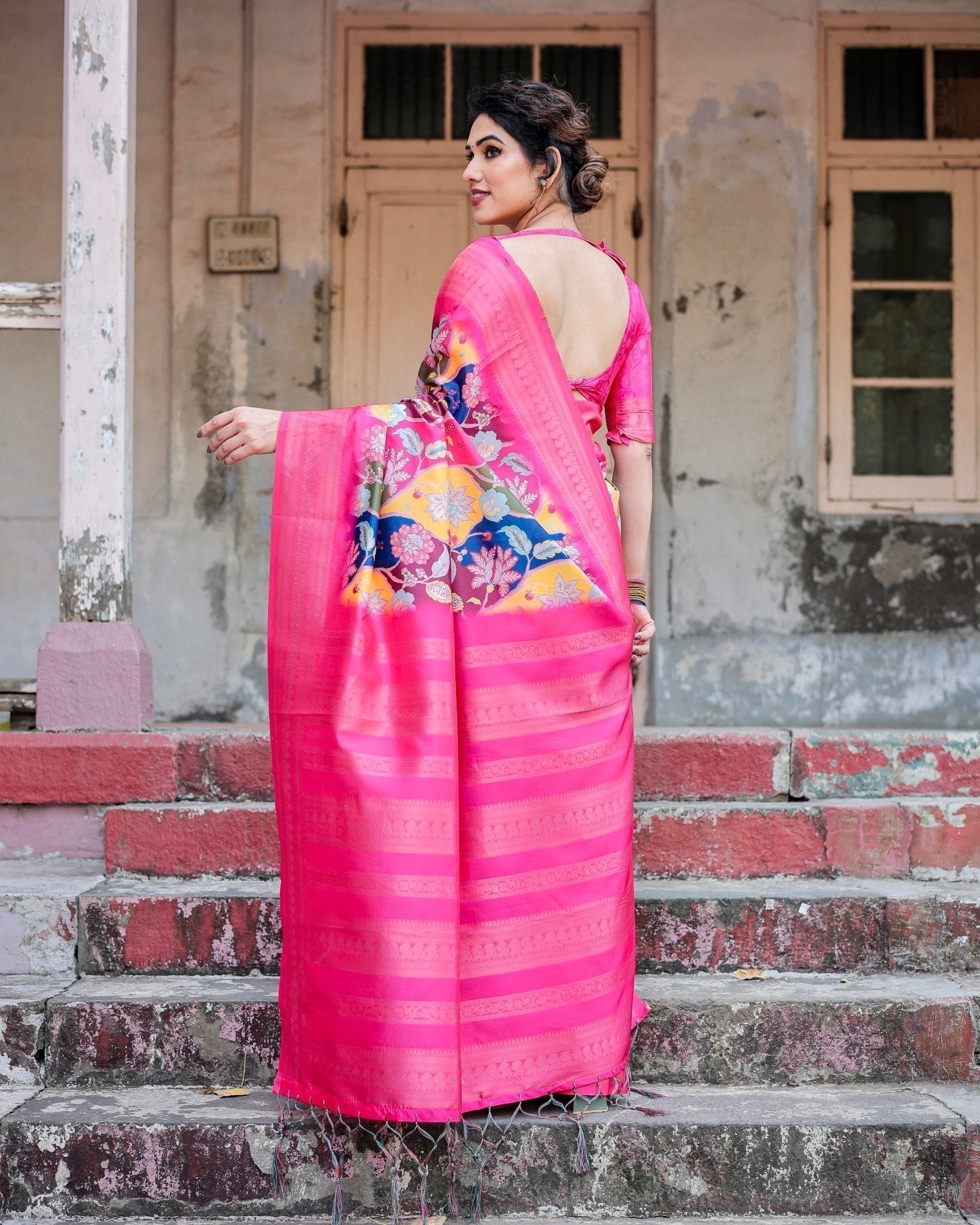 Hot Pink Multicolor Floral Digital Printed Banarasi Silk Saree with Zari Woven Border and Solid Pink Pallu - Includes Tassels