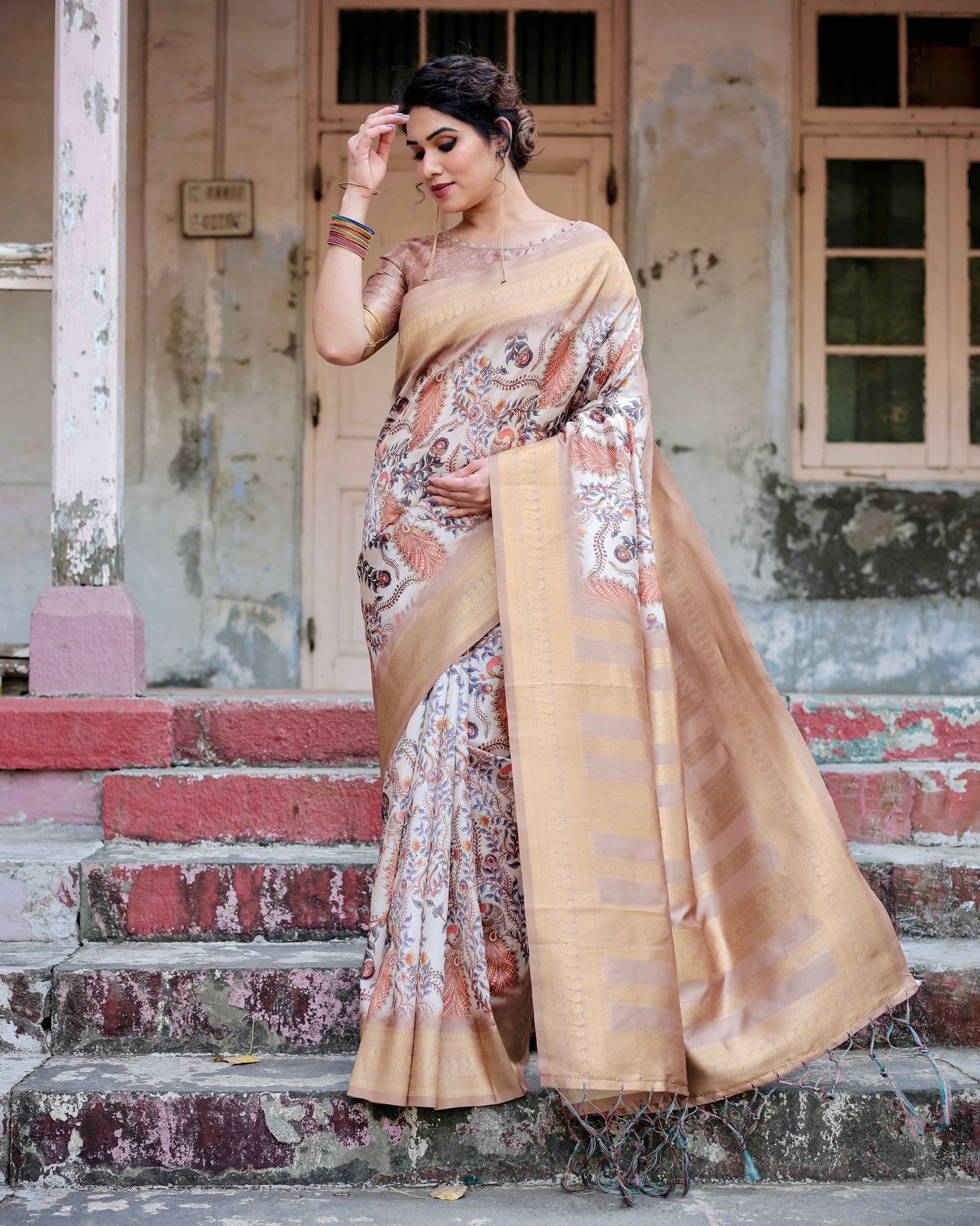 Elegant Beige Floral Banarasi Silk Saree with Zari Weave and Tassels