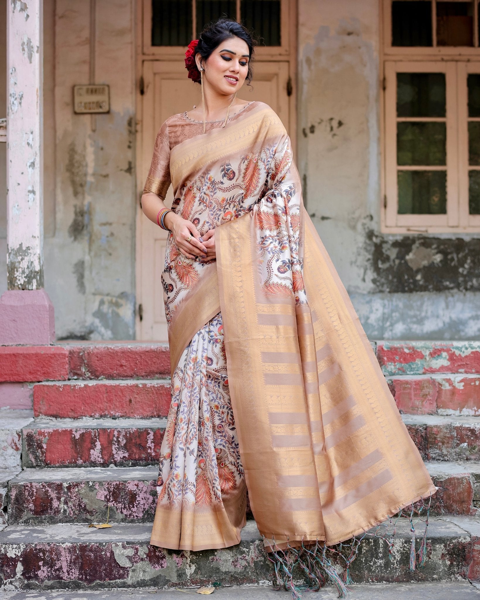 Elegant Beige Floral Banarasi Silk Saree with Zari Weave and Tassels