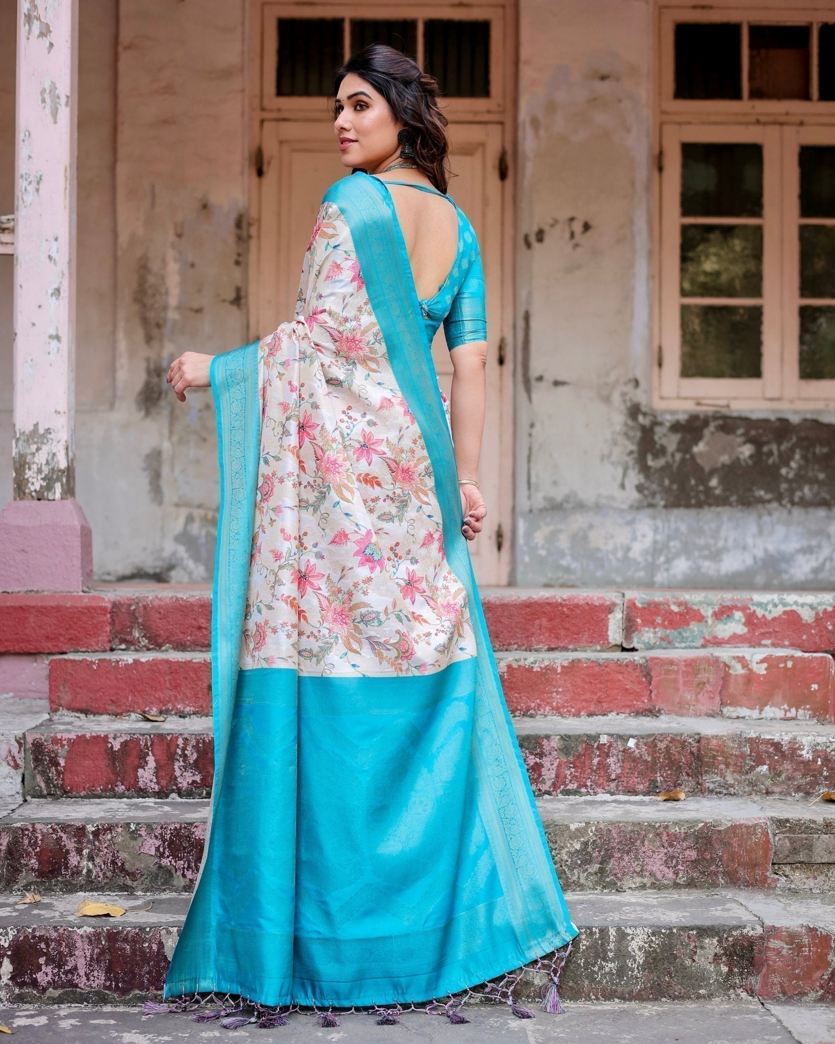 White and Aqua Floral Design Banarasi Silk Saree with Zari Weave and Tassel-Embellished Pallu