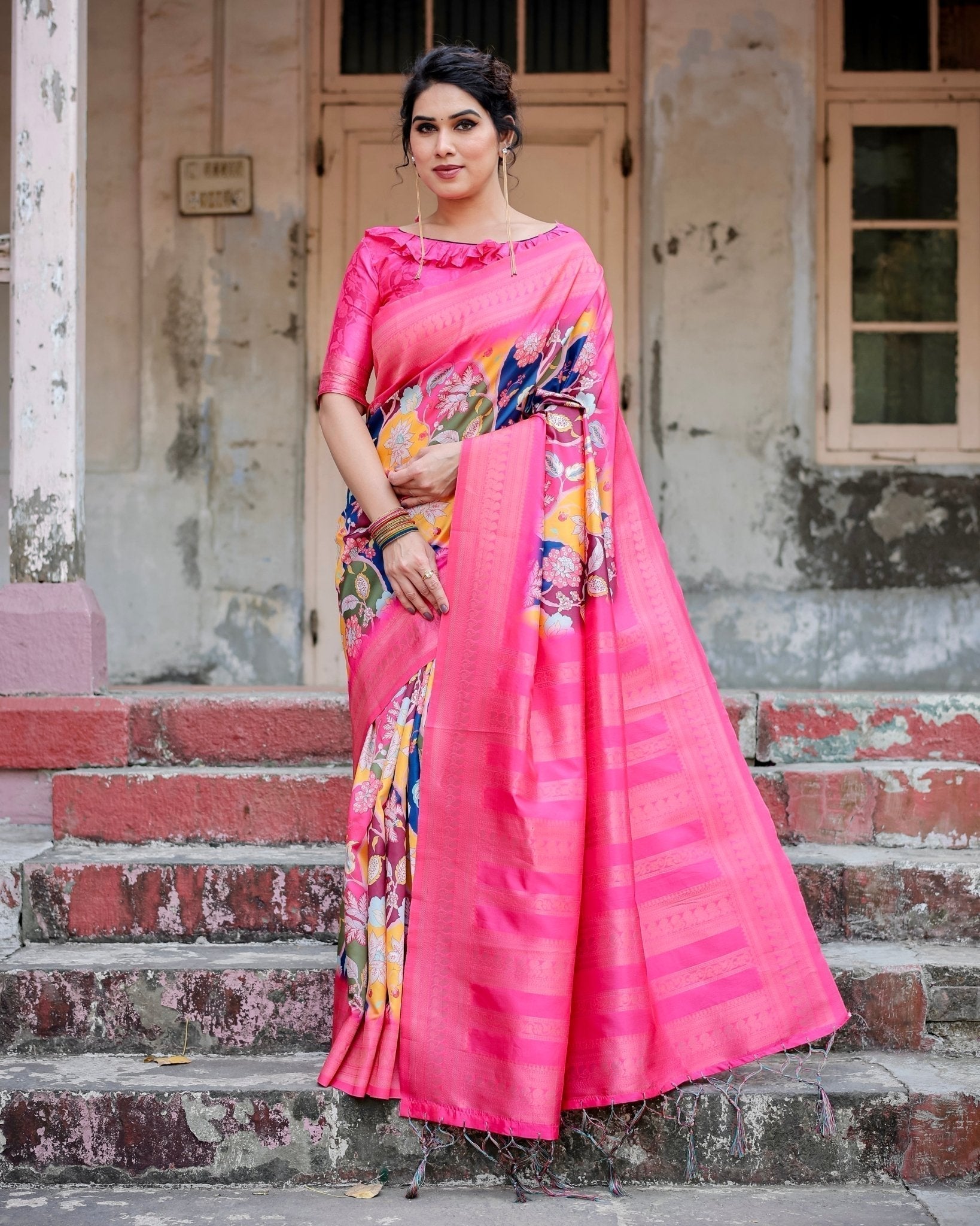 Hot Pink Multicolor Floral Digital Printed Banarasi Silk Saree with Zari Woven Border and Solid Pink Pallu - Includes Tassels