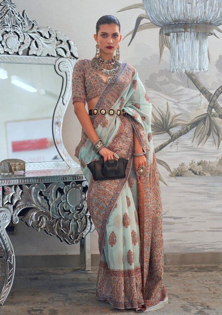 Sky Blue Graceful Silk Saree with Unstitched Blouse Piece Elegant Ethnic Wear