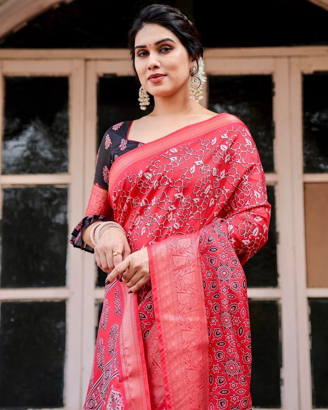Fiery Red Tussar Silk Saree with Ornamental Motifs and Detailed Zari Pallu