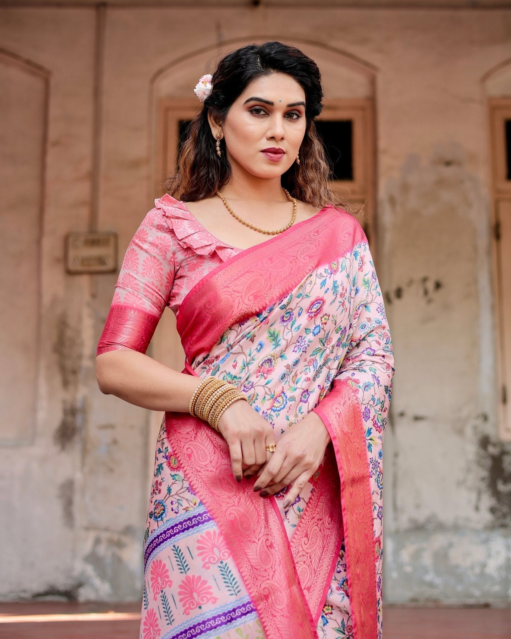 Blush Pink Tussar Silk Saree with Multicolor Floral Design and Zari Paisley Border