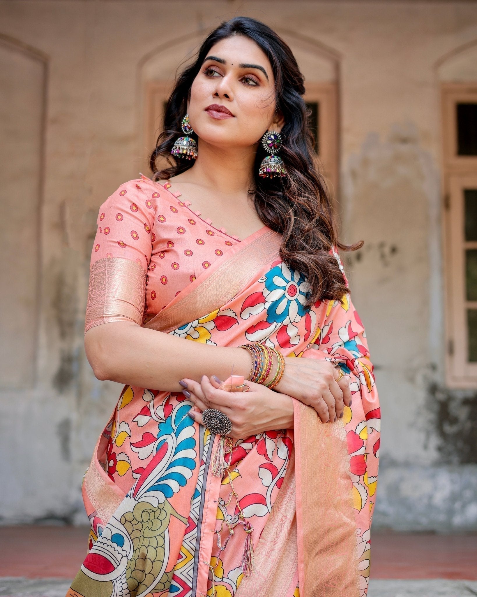 Peach Tussar Silk Saree with Vibrant Floral Kalamkari and Zari Highlights
