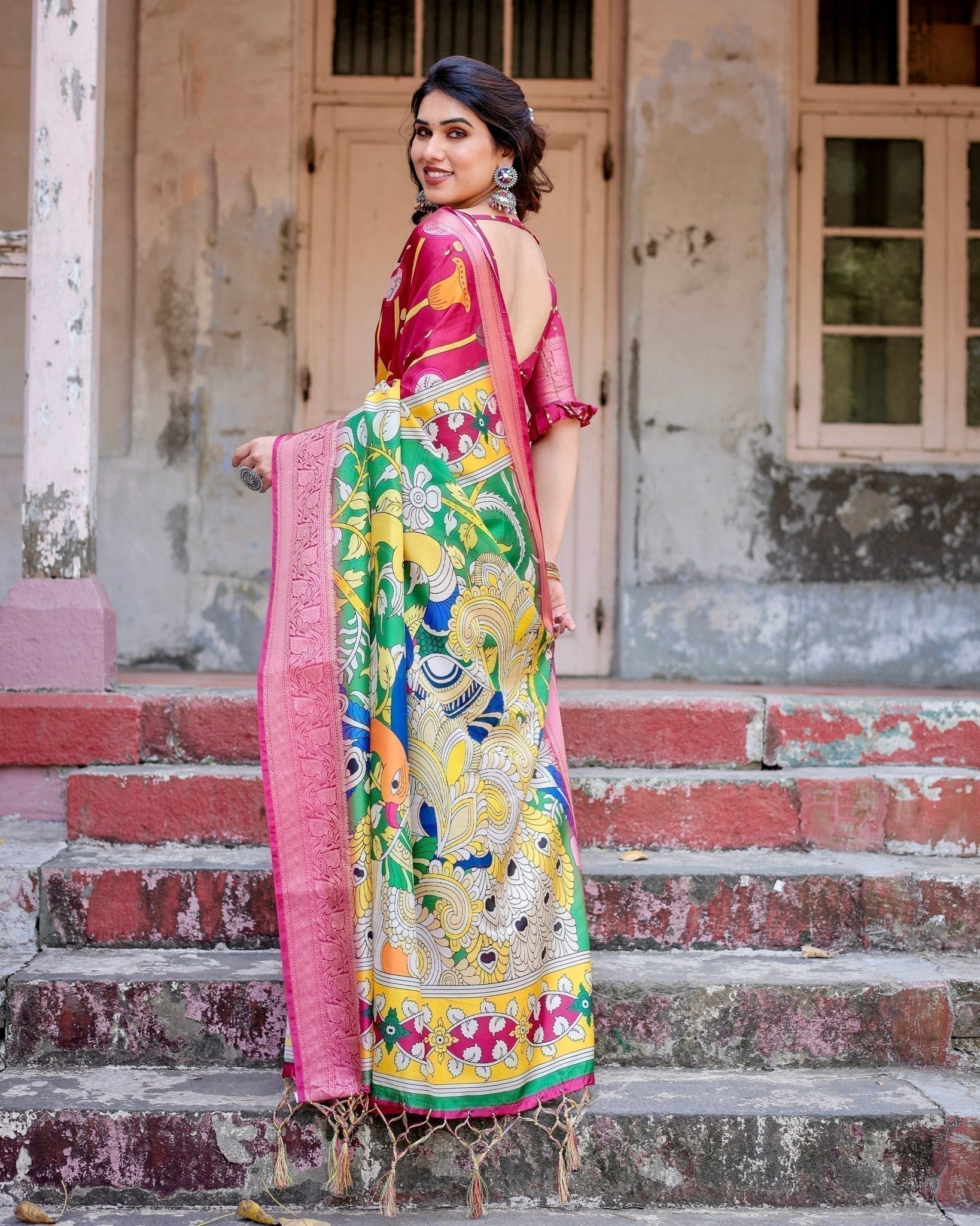 Magenta Tussar Silk Saree with Artistic Peacock & Floral Kalamkari Design