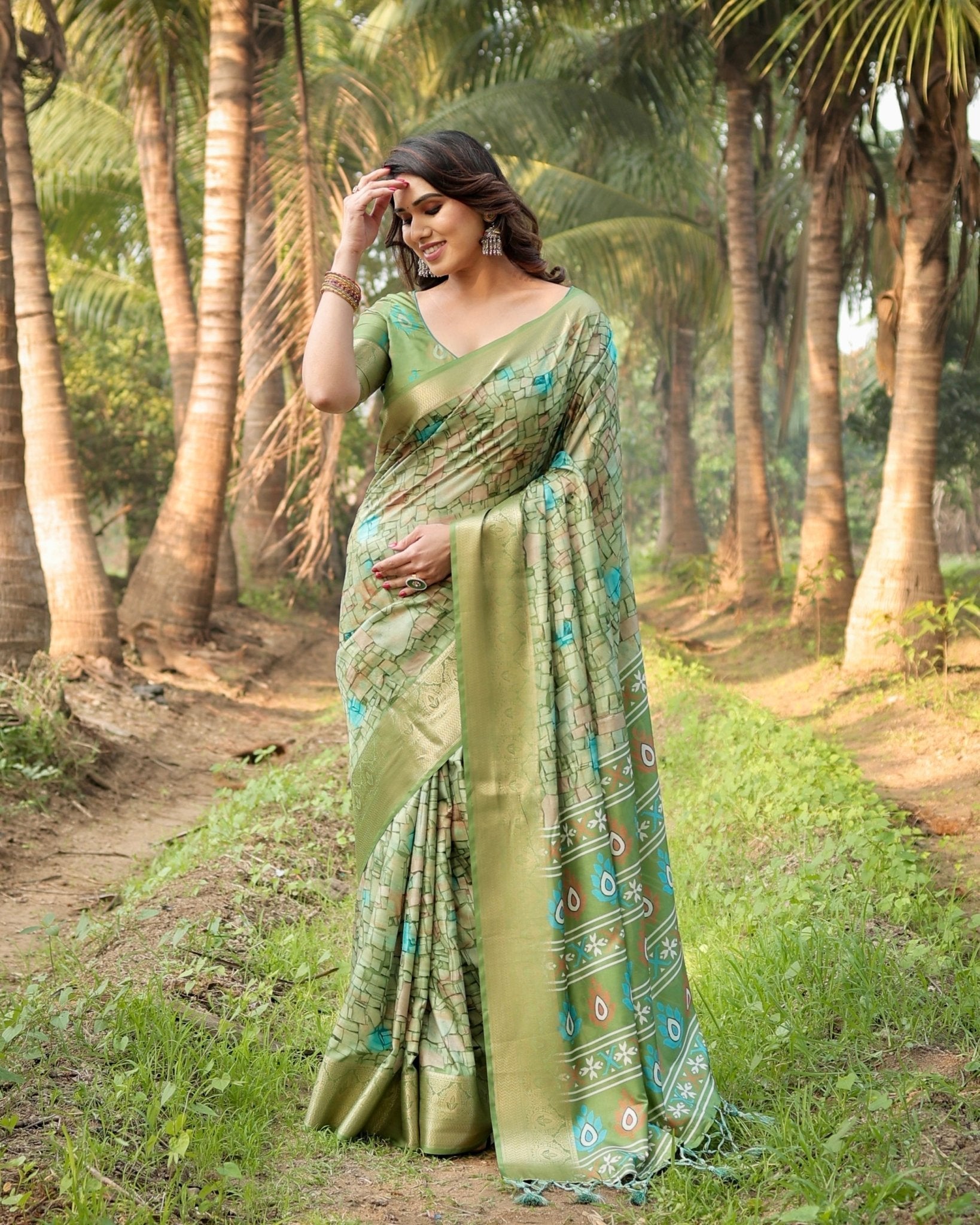 Elegant Light Green Tussar Silk Saree with Zari Motif Border and Contemporary Checkered Pallu Design