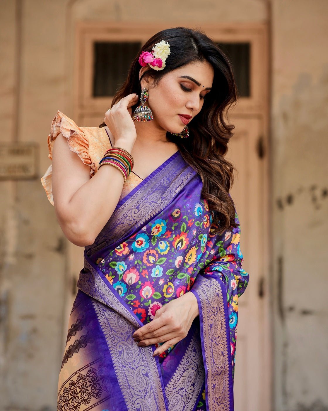 Royal Purple Tussar Silk Saree with Vibrant Floral Print and Peacock Motif Pallu