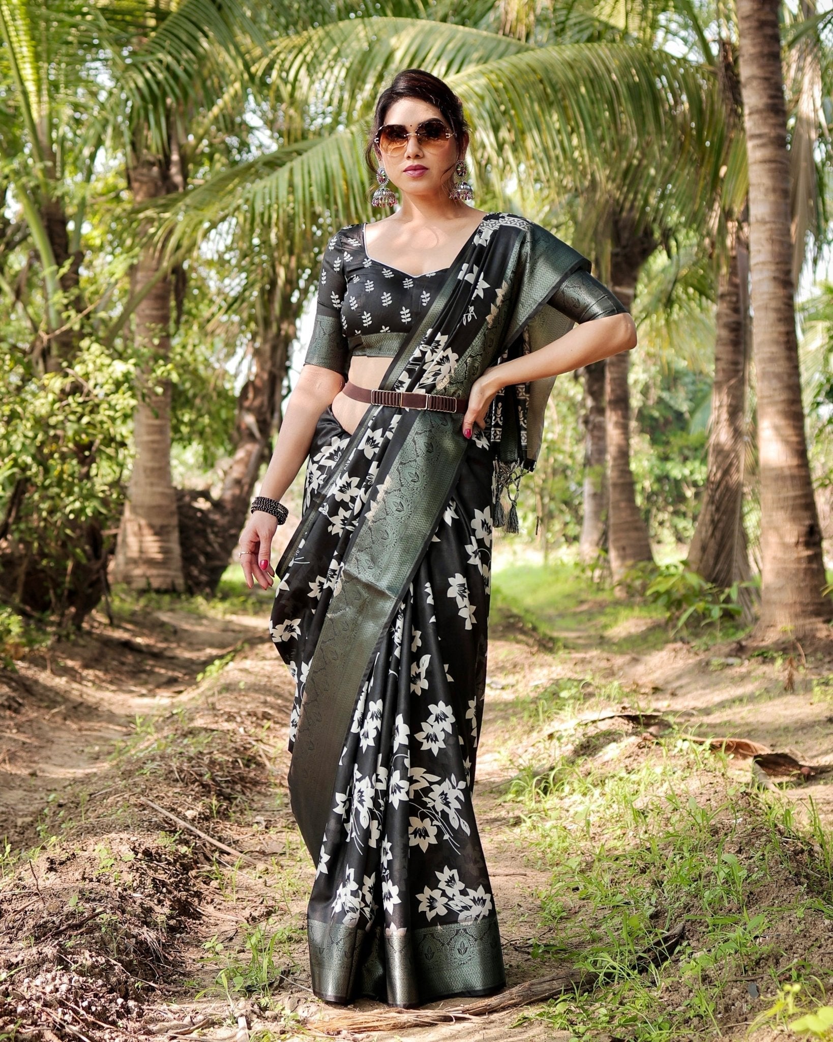 Elegant Black Tussar Silk Saree with Zari Embellished Border and Bold Floral Pallu