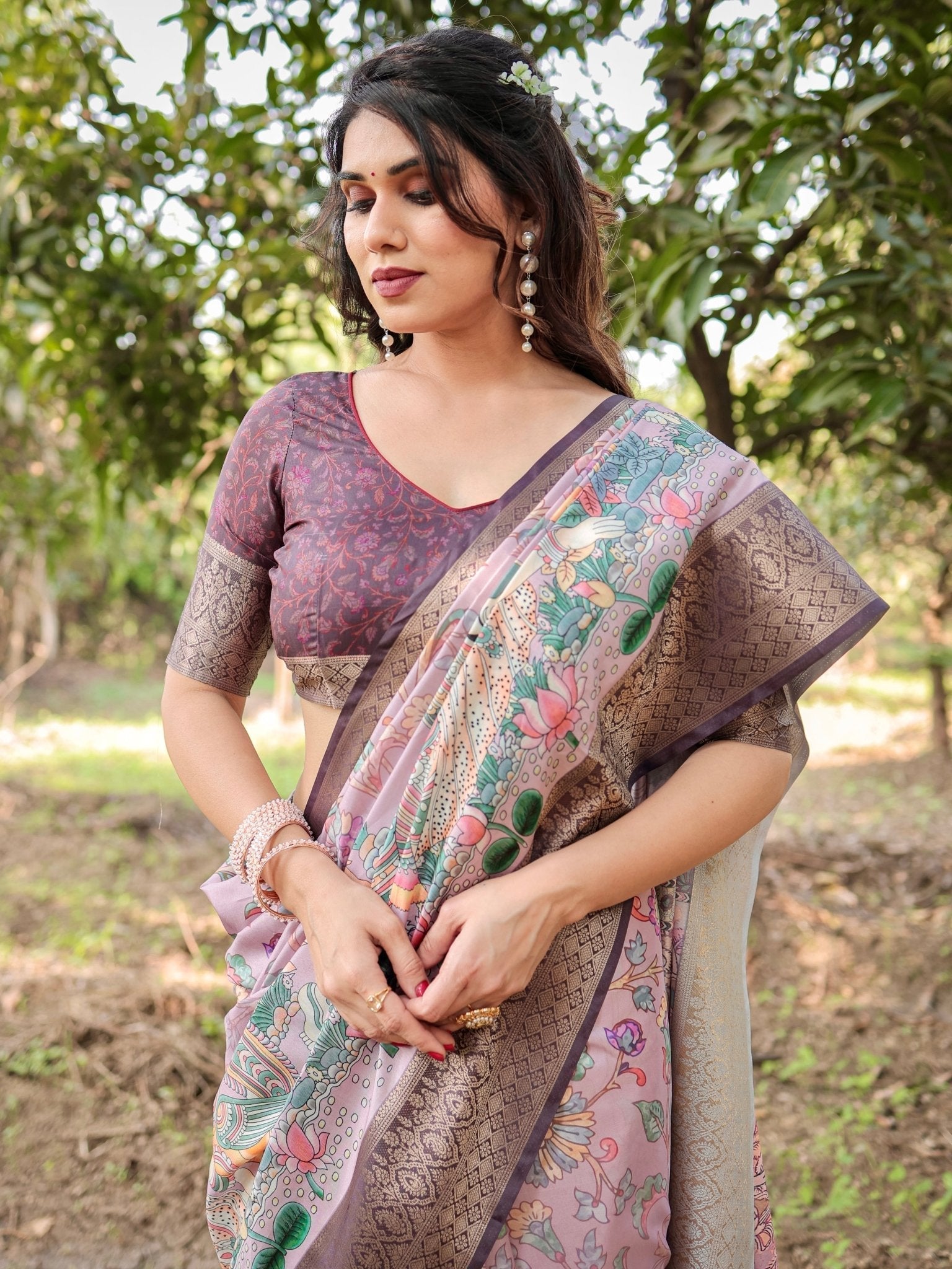 Lilac and Purple Digital Print Tussar Silk Saree with Zari Diamond Border and Lotus Motif Pallu