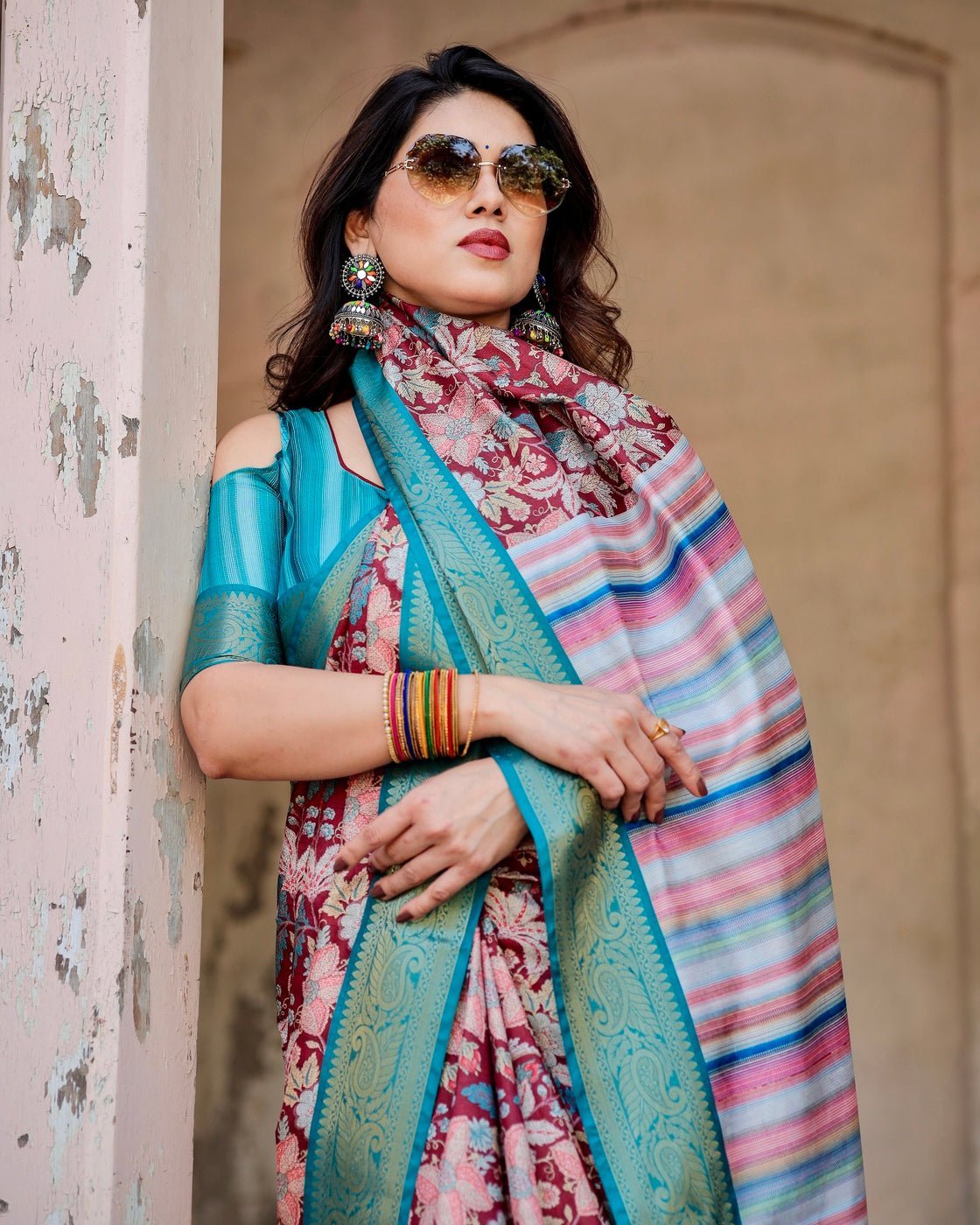 Maroon and Teal Tussar Silk Saree with Floral Zari Weave and Striped Pallu