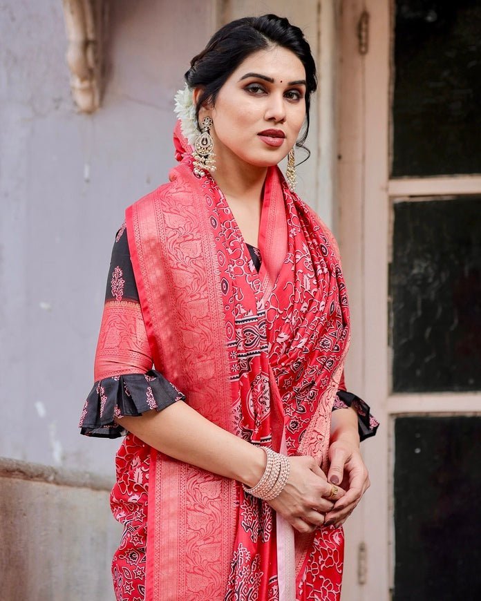 Fiery Red Tussar Silk Saree with Ornamental Motifs and Detailed Zari Pallu