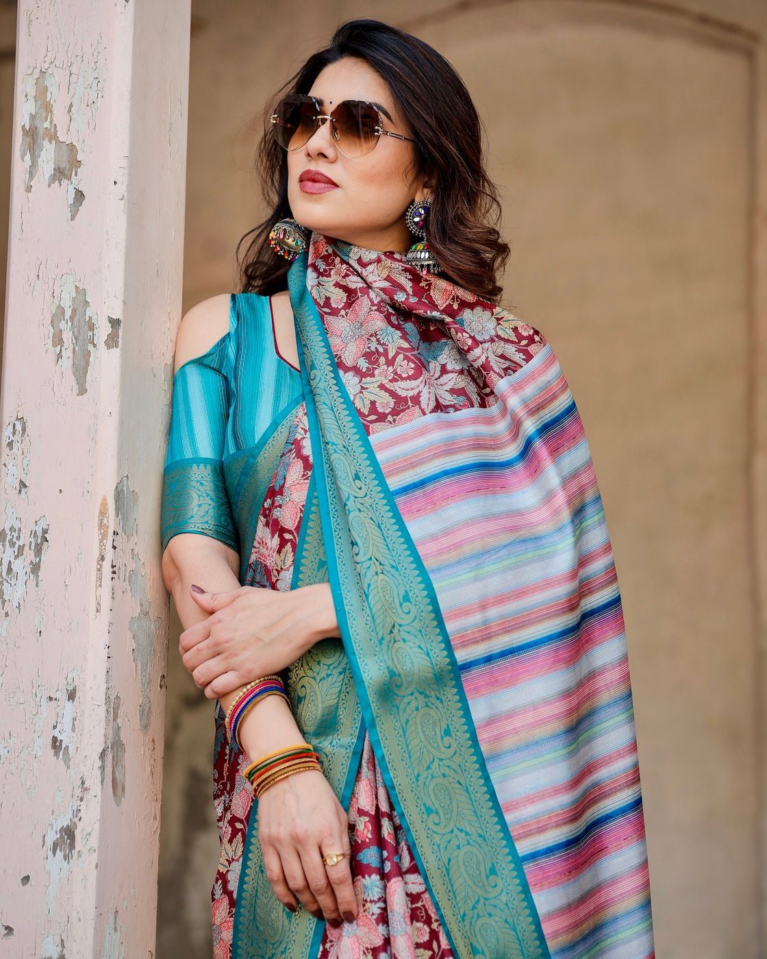 Maroon and Teal Tussar Silk Saree with Floral Zari Weave and Striped Pallu