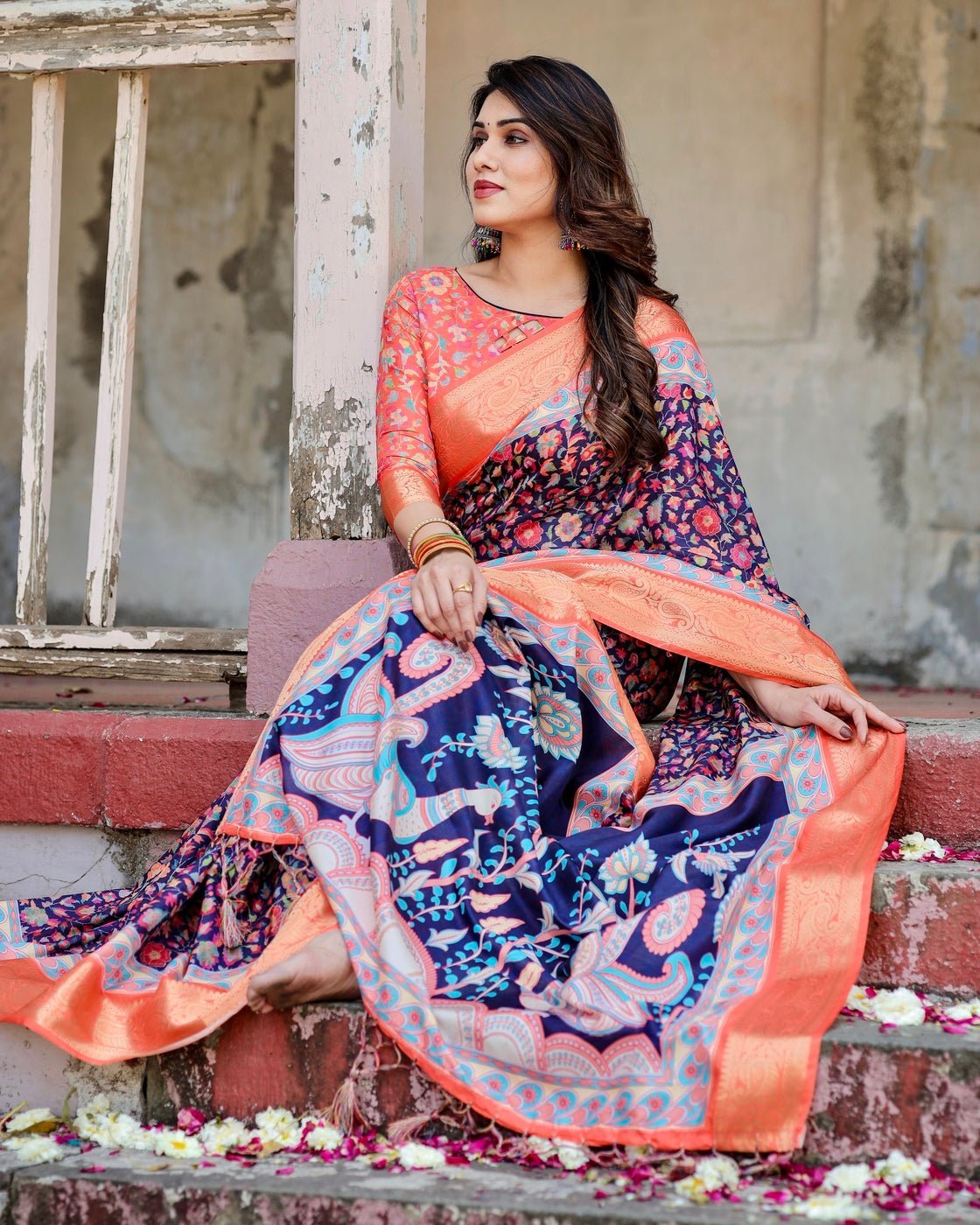 Navy Blue and Peach Tussar Silk Saree with Peacock Motifs and Floral Zari Border