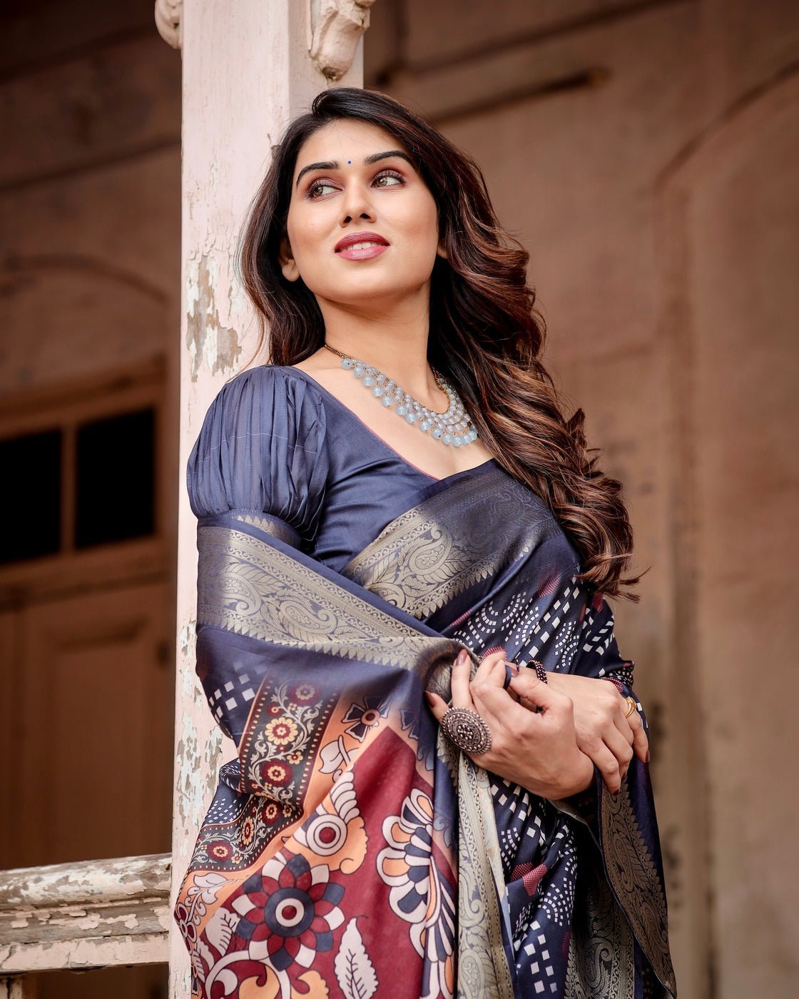 Navy Blue Tussar Silk Saree with Geometric Patterns, Zari Border, and Vibrant Pallu