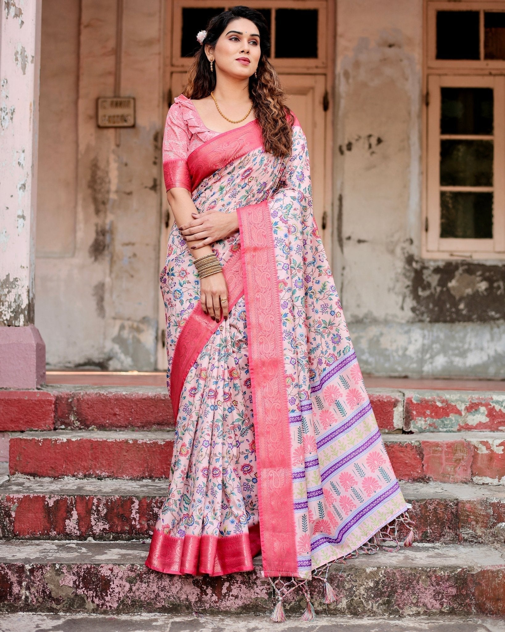 Blush Pink Tussar Silk Saree with Multicolor Floral Design and Zari Paisley Border