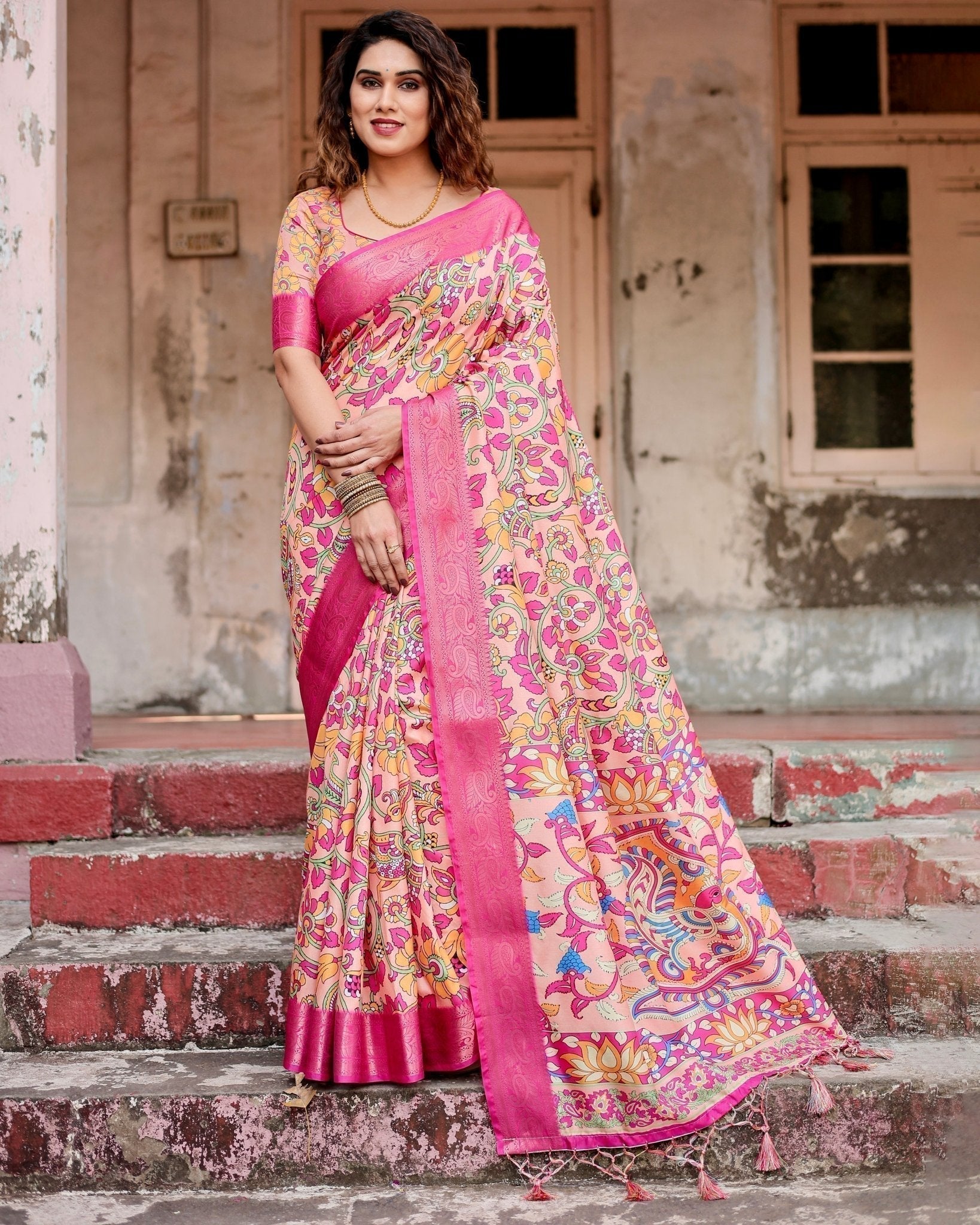 Peach and Fuchsia Floral Digital Print Tussar Silk Saree with Zari Border and Paisley Pallu