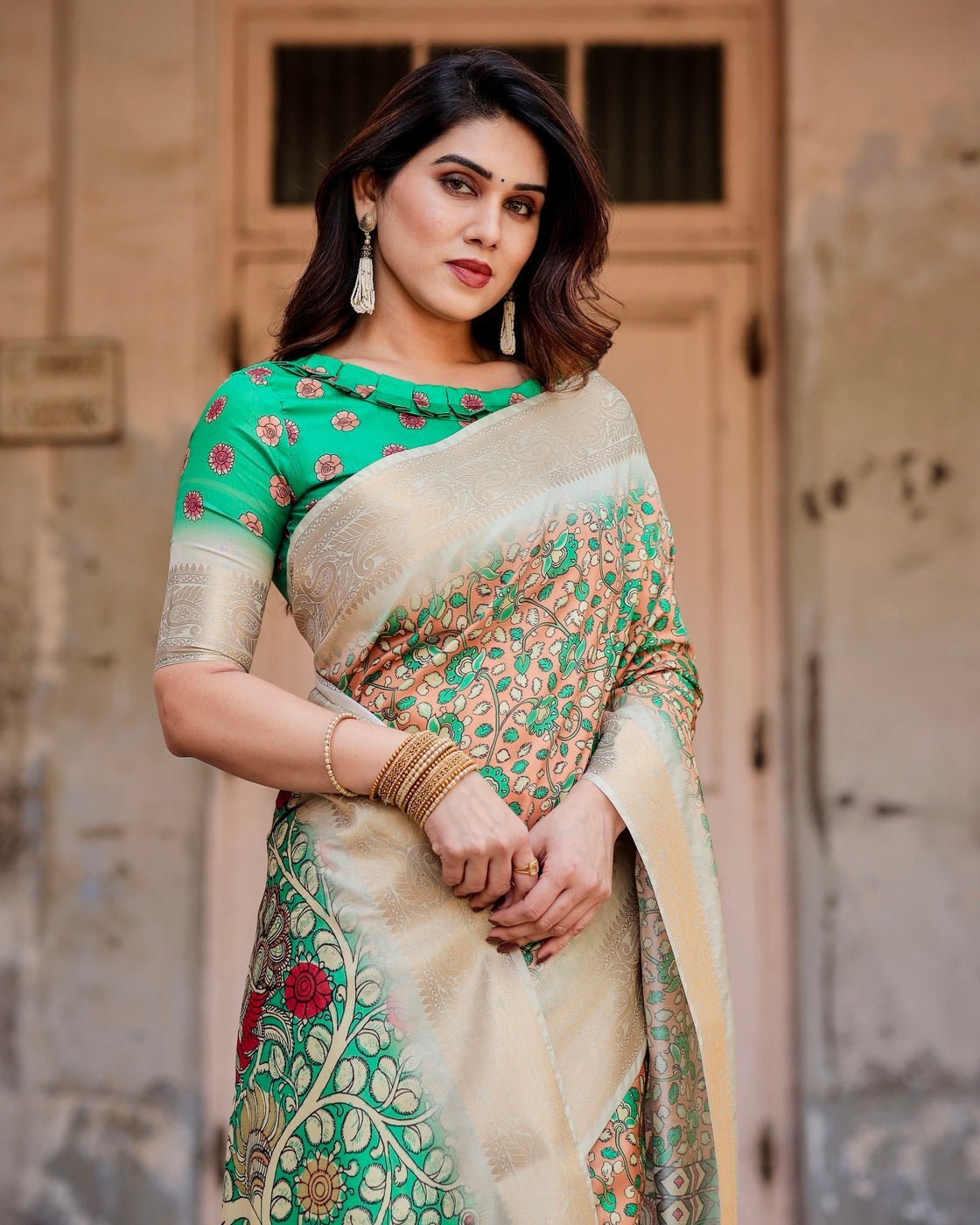 Emerald Green and Gold Tussar Silk Saree with Floral and Ornamental Motifs