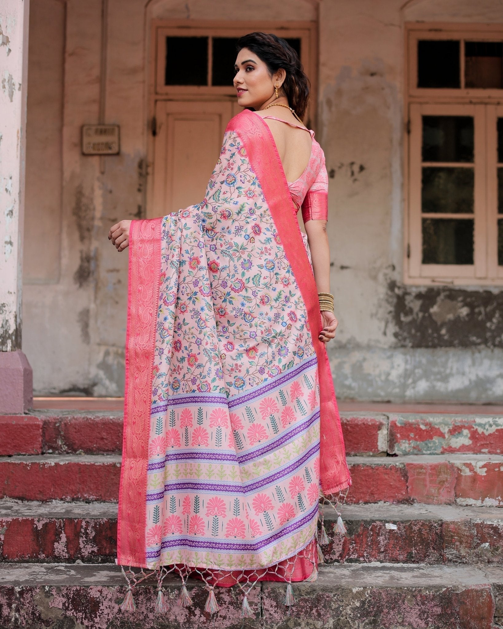 Blush Pink Tussar Silk Saree with Multicolor Floral Design and Zari Paisley Border