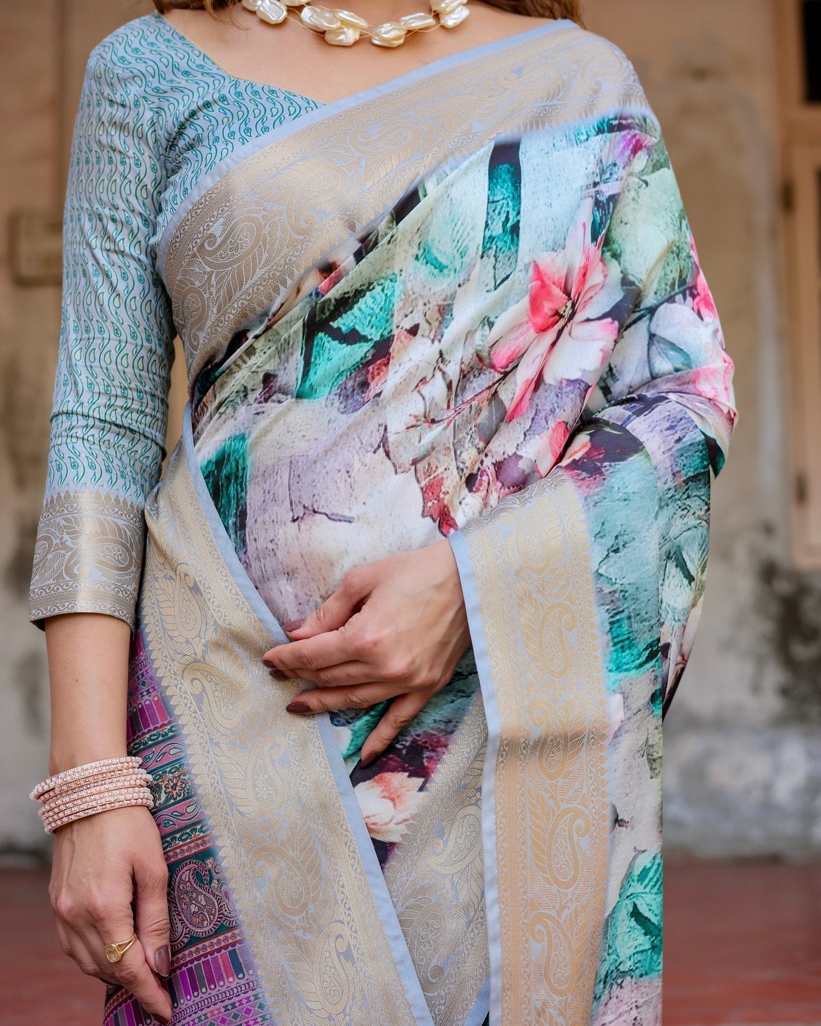 Graceful Floral Digital Print Saree with Gold Paisley Border and Multicolor Pallu