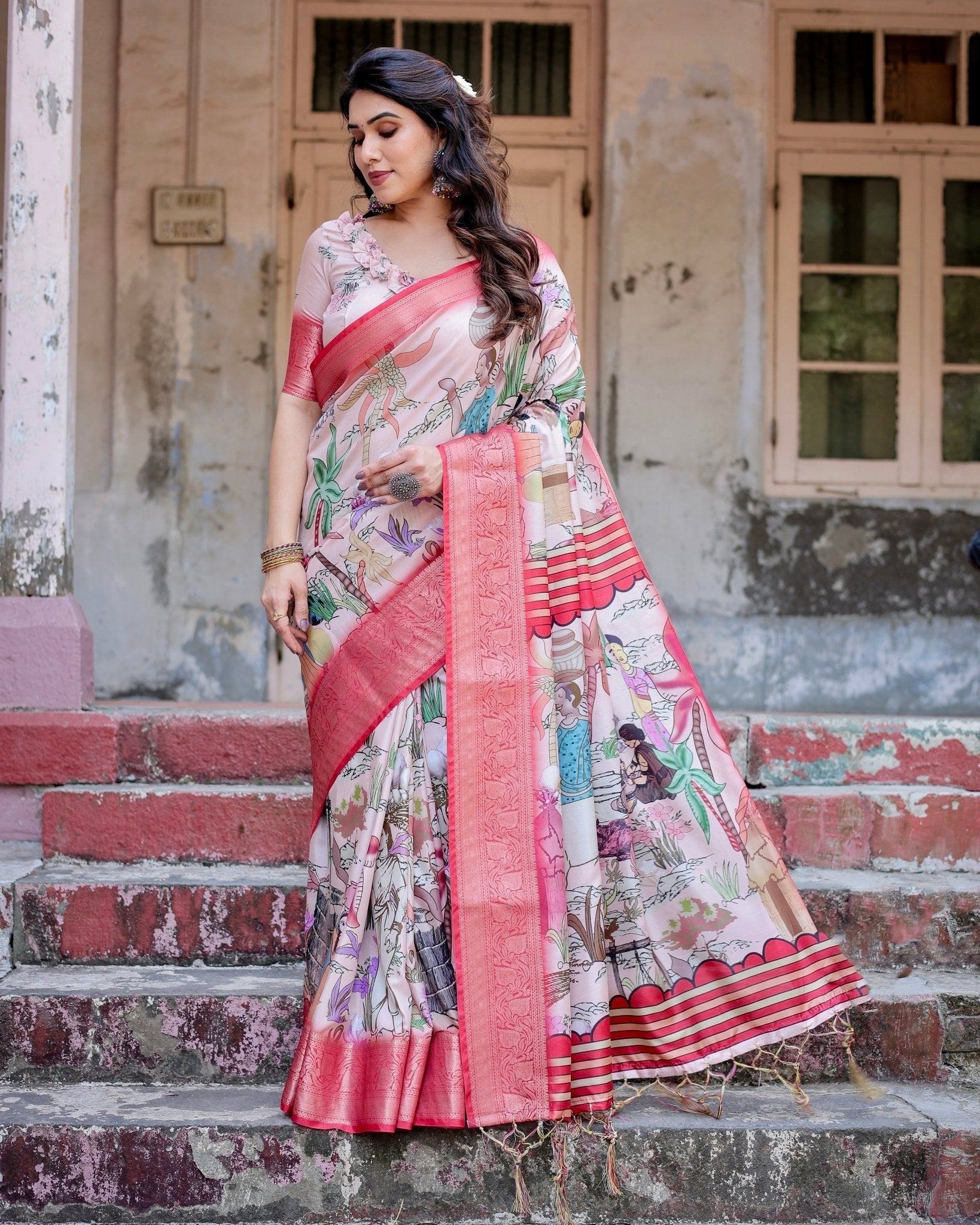 Blush Pink Digital Print Tussar Silk Saree with Vibrant Storyline Art