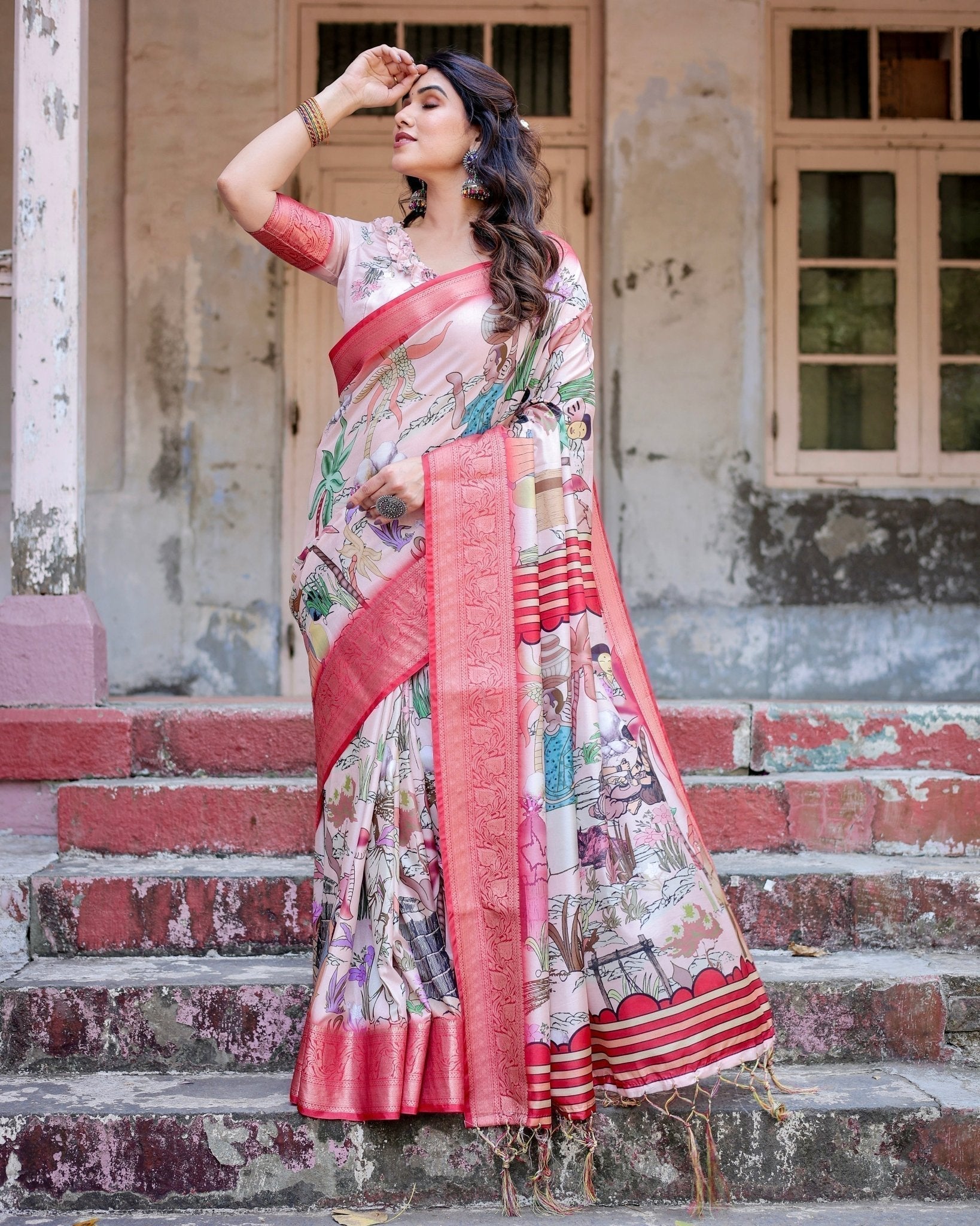 Blush Pink Digital Print Tussar Silk Saree with Vibrant Storyline Art