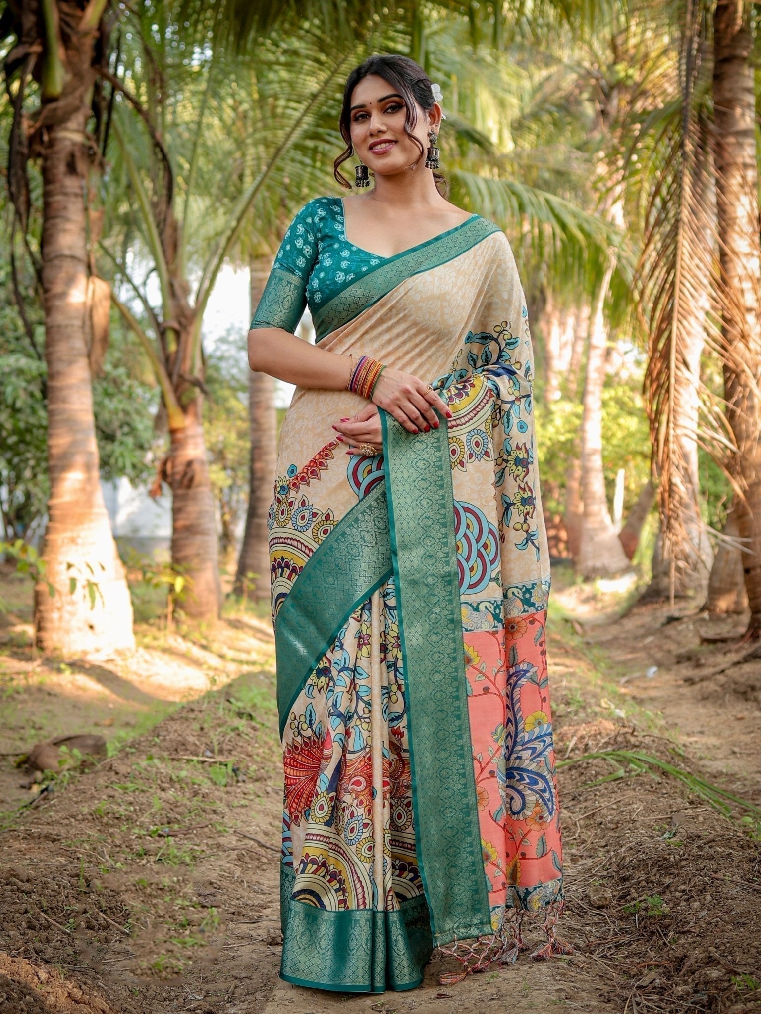 Elegant Tussar Silk Saree in Beige and Coral with Madhubani Pallu and Zari Accents