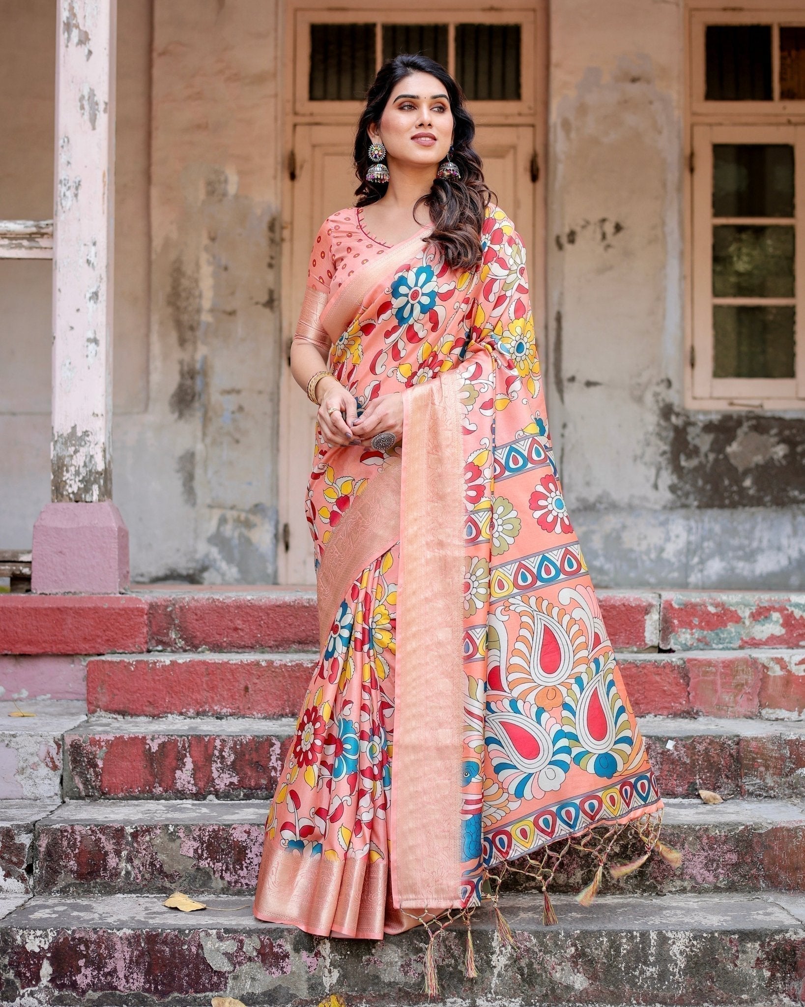 Peach Tussar Silk Saree with Vibrant Floral Kalamkari and Zari Highlights