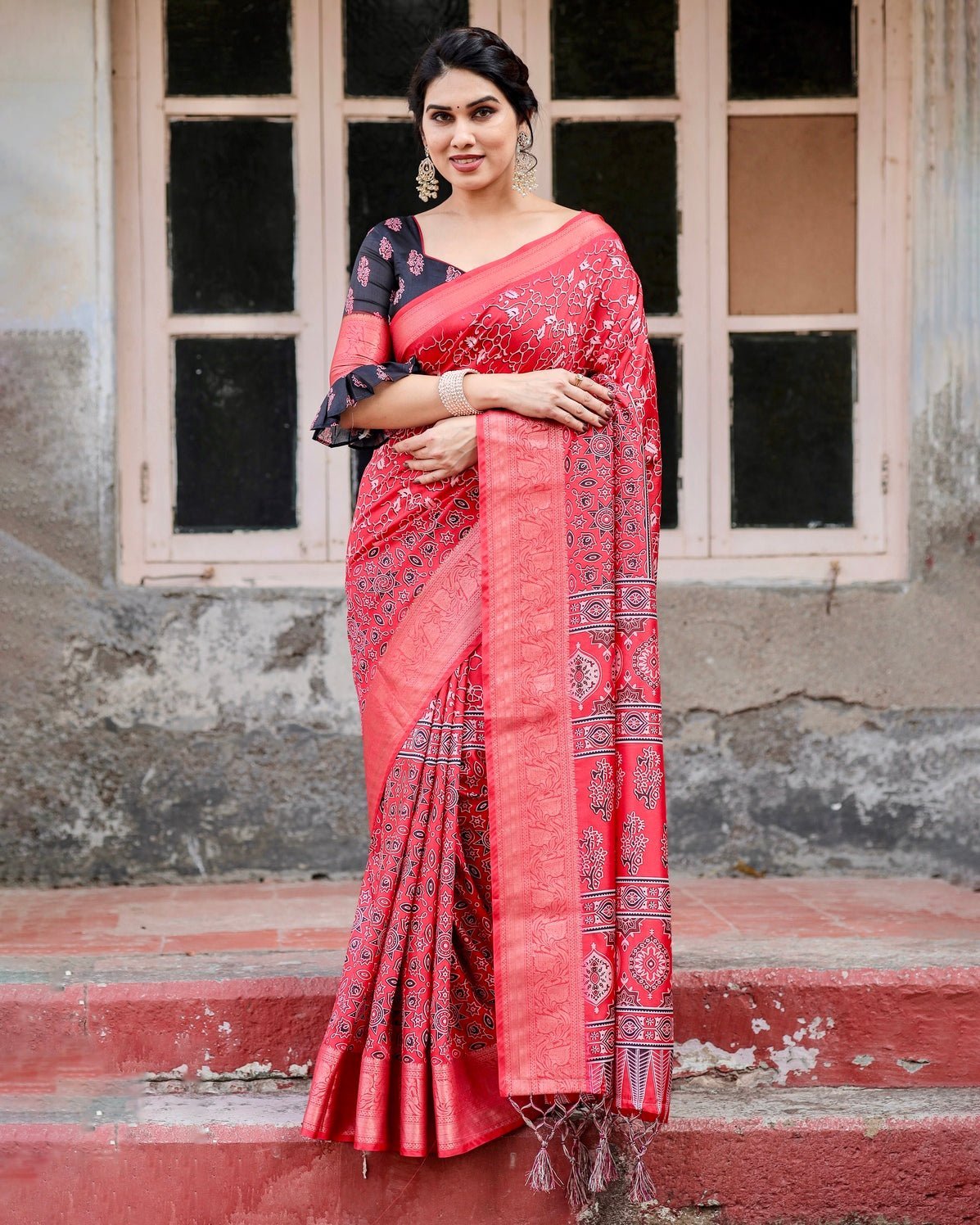 Fiery Red Tussar Silk Saree with Ornamental Motifs and Detailed Zari Pallu