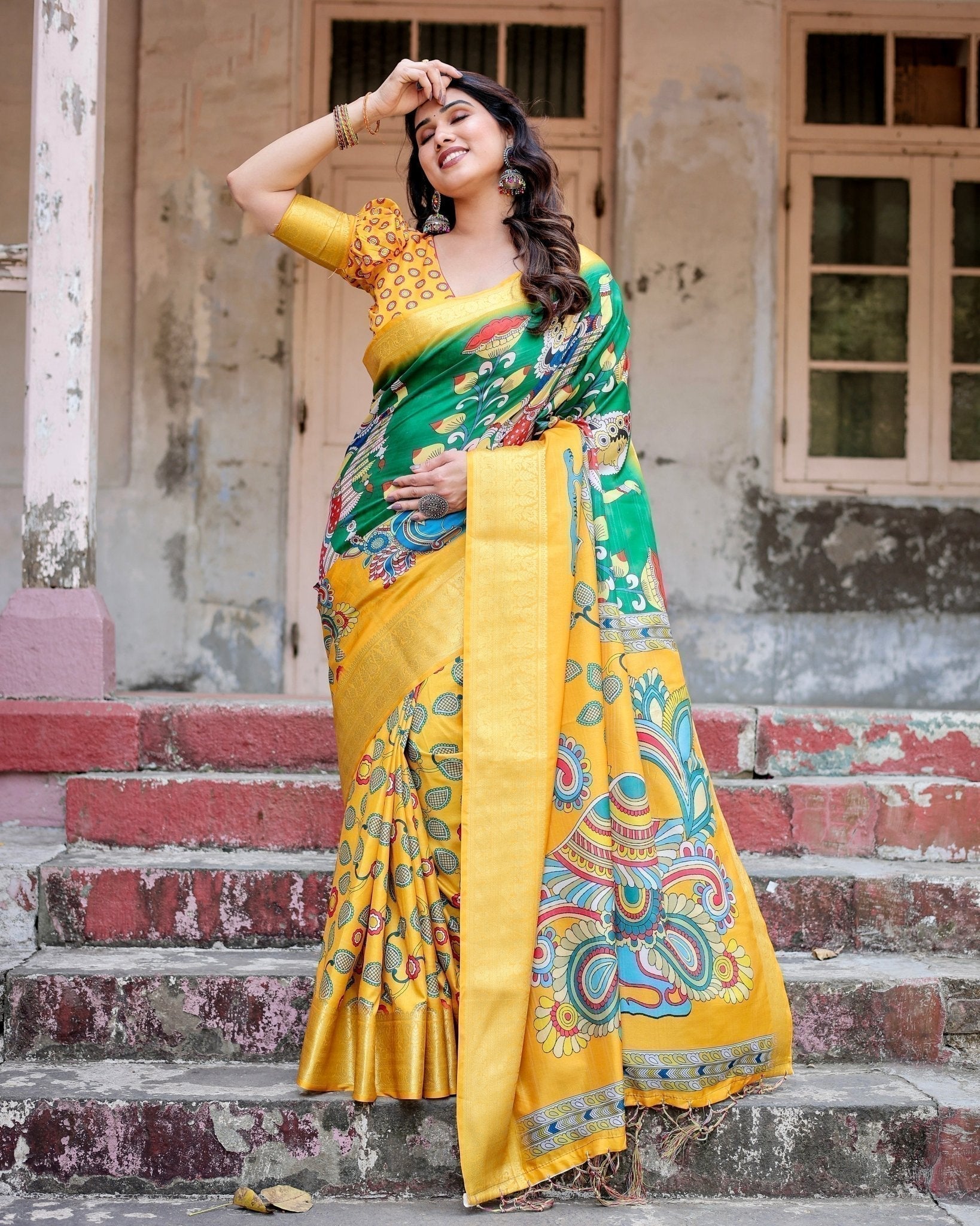 Golden Yellow Tussar Silk Saree with Vibrant Peacock Kalamkari Motifs