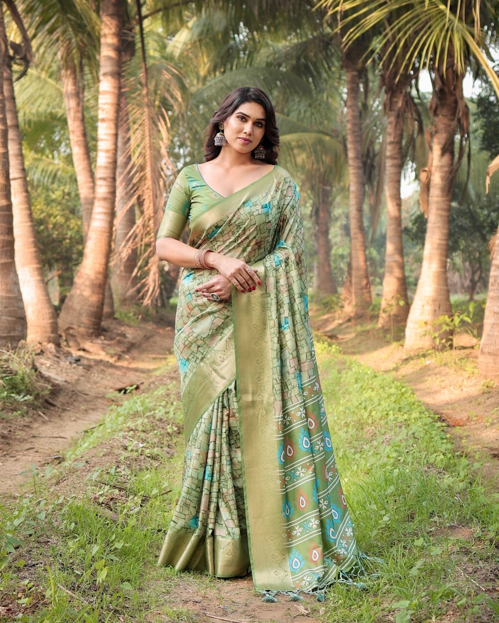 Elegant Light Green Tussar Silk Saree with Zari Motif Border and Contemporary Checkered Pallu Design