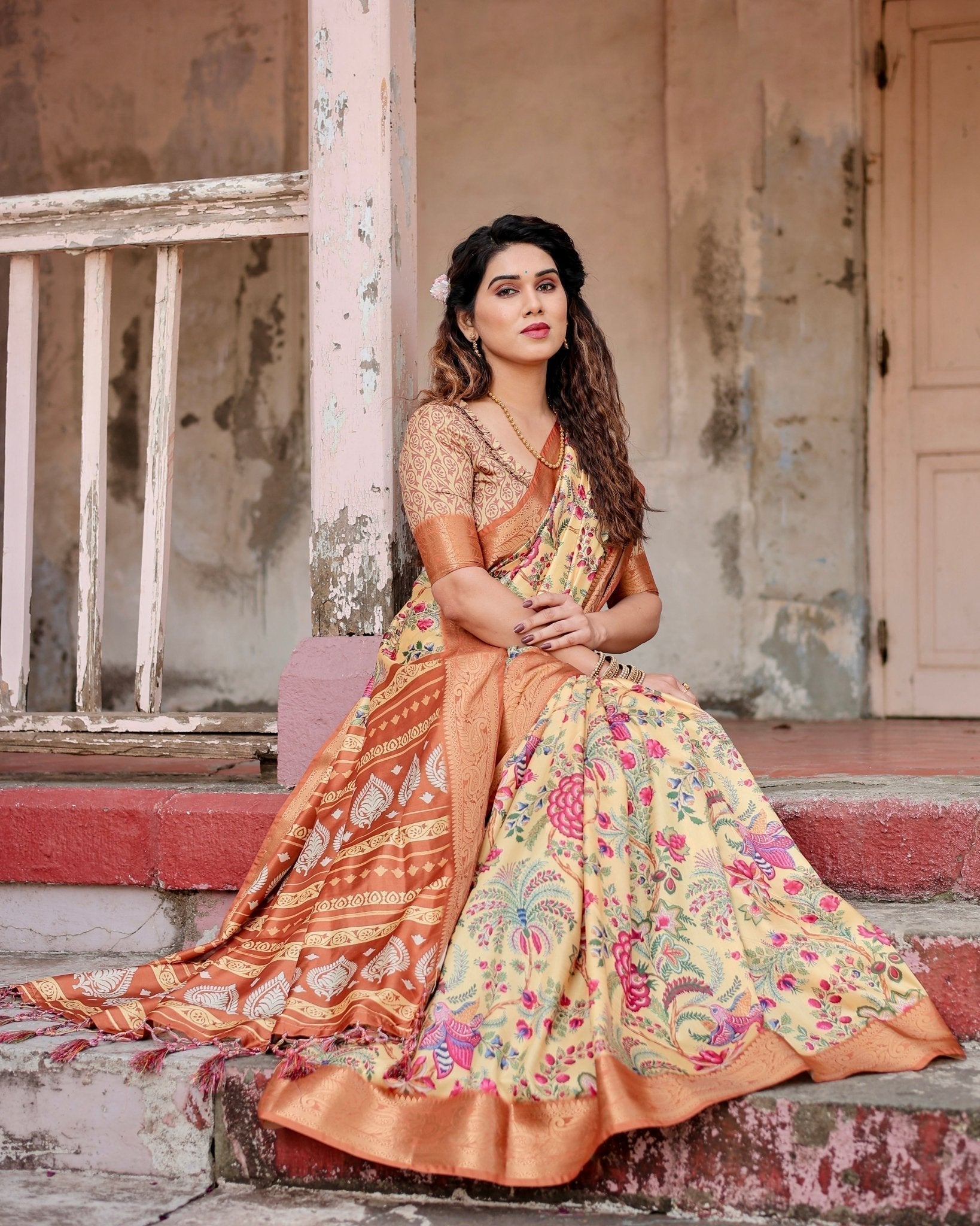 Golden Beige Tussar Silk Saree with Floral Paradise Print and Ornate Zari Border
