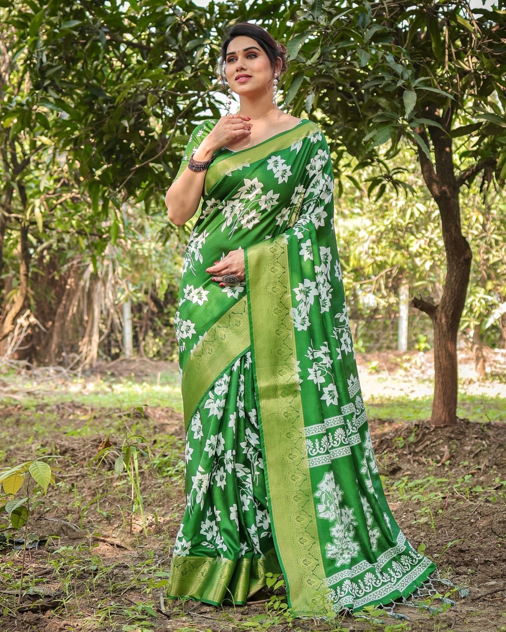 Enchanting Green Tussar Silk Saree with White Floral Prints and Zari Border