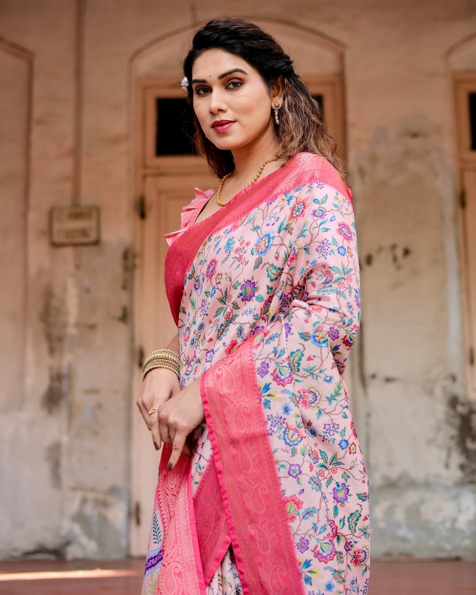 Blush Pink Tussar Silk Saree with Multicolor Floral Design and Zari Paisley Border