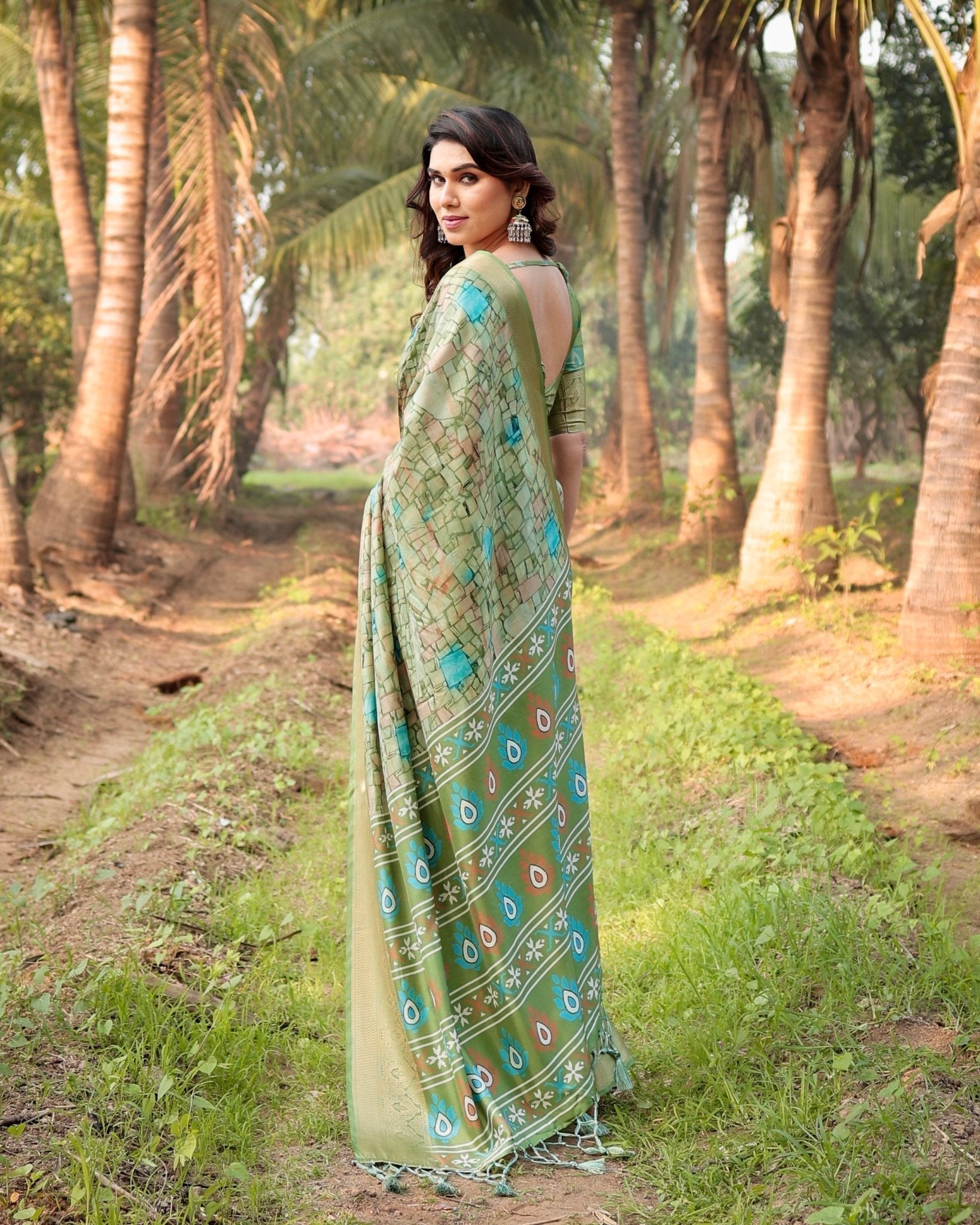 Elegant Light Green Tussar Silk Saree with Zari Motif Border and Contemporary Checkered Pallu Design