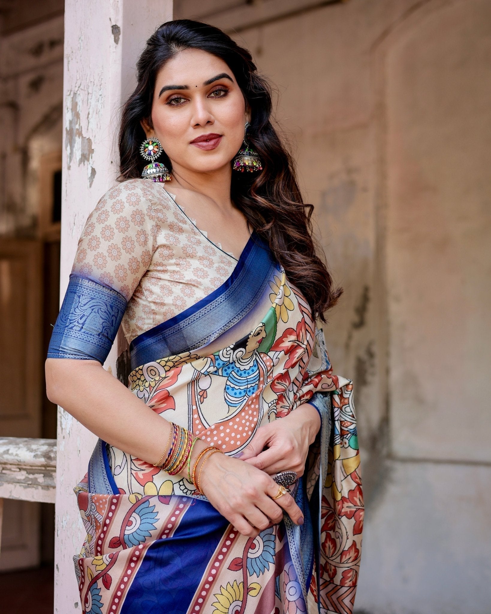 Multicolor Tussar Silk Saree with Artistic Floral Motifs and Traditional Blue Zari Border