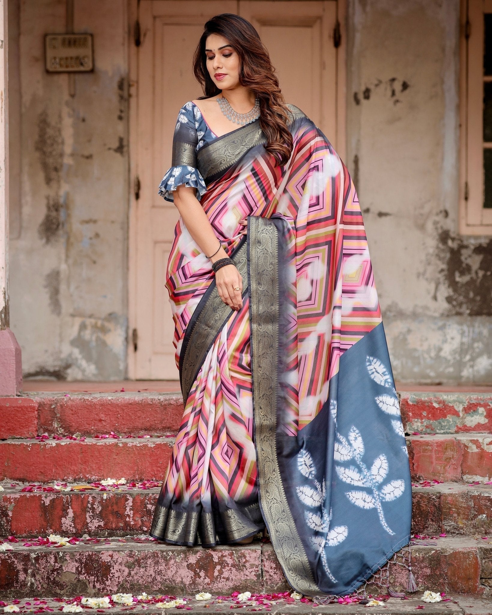 Geometric Multicolor Tussar Silk Saree with Charcoal Gray Zari Border and Abstract Pallu