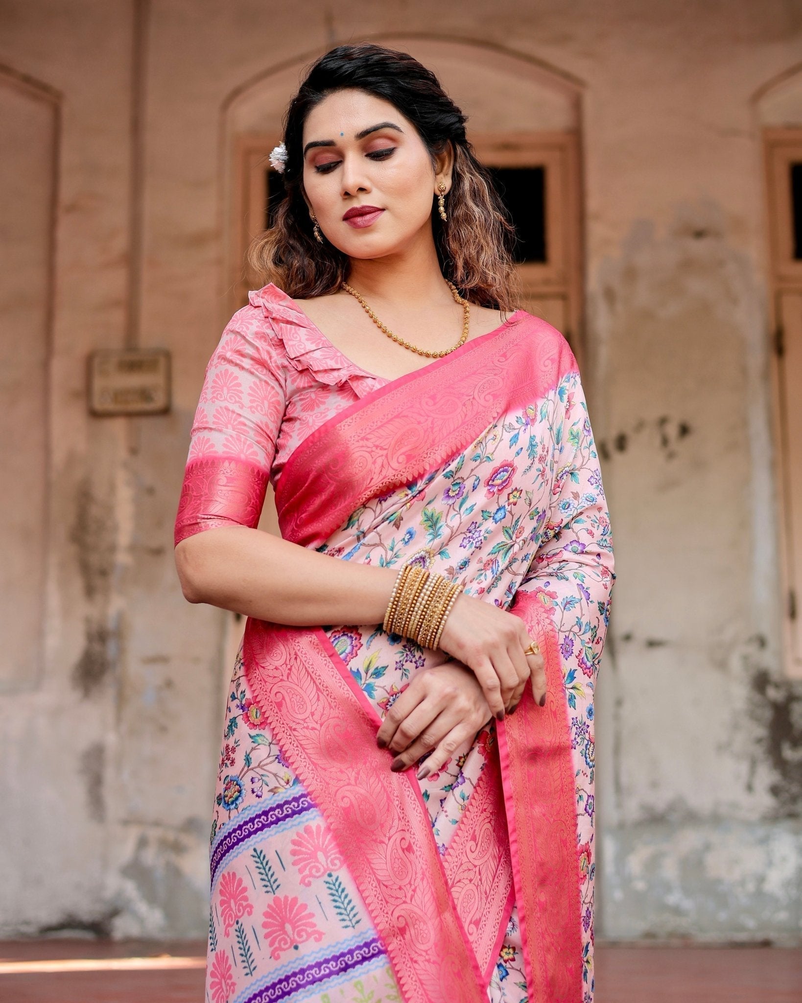 Blush Pink Tussar Silk Saree with Multicolor Floral Design and Zari Paisley Border