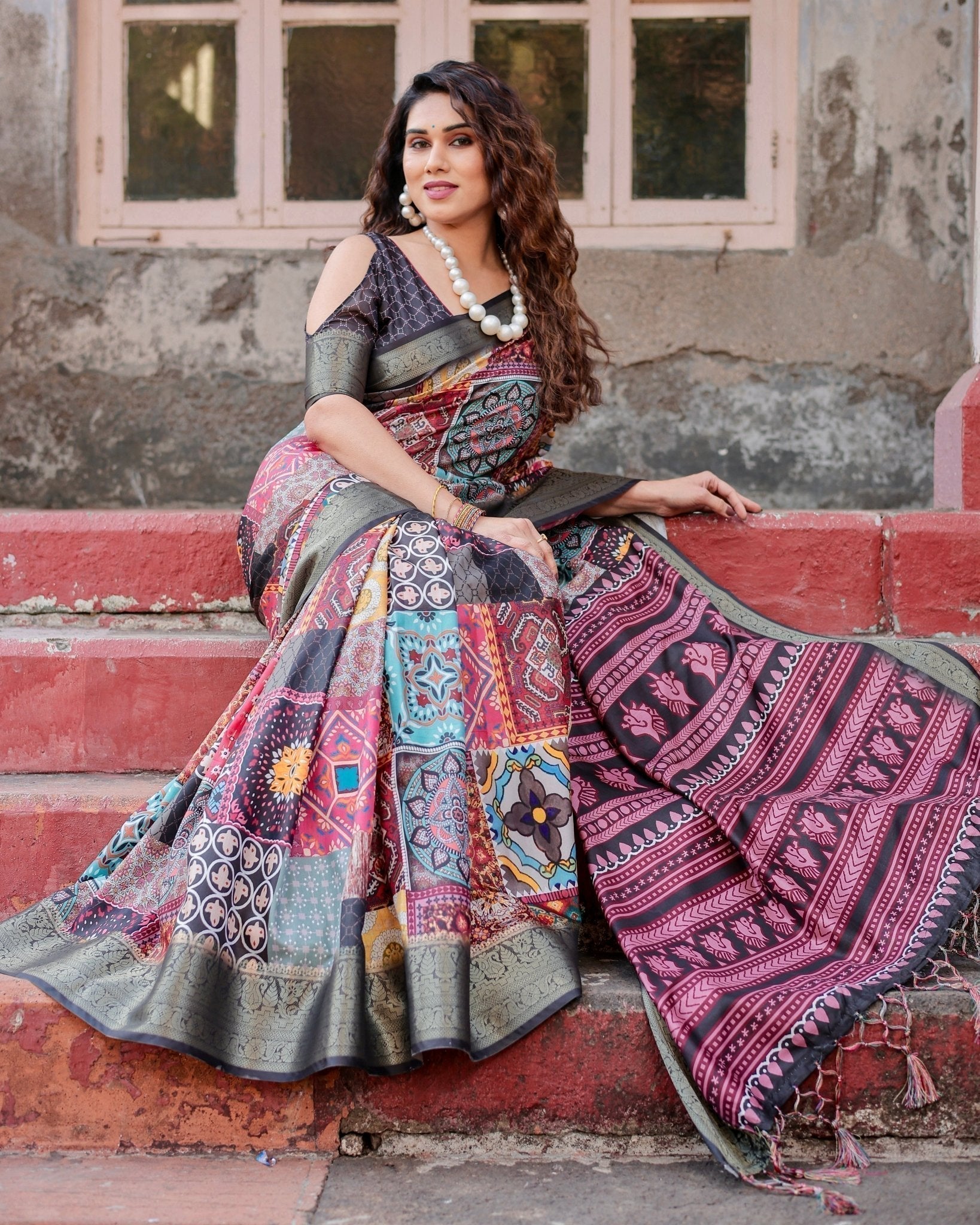 Multicolor Tussar Silk Saree with Ornamental Patchwork and Olive Zari Border