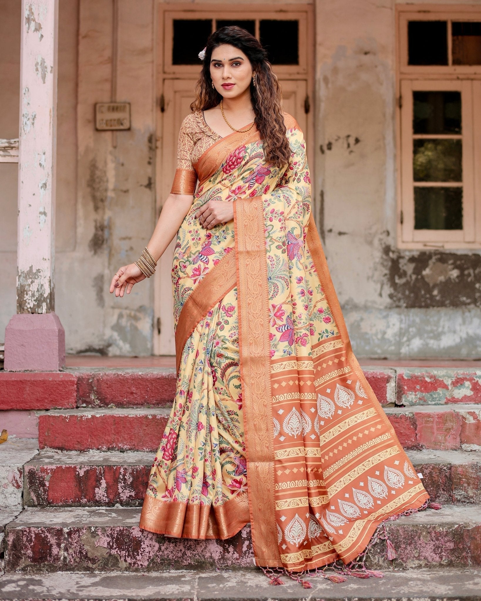 Golden Beige Tussar Silk Saree with Floral Paradise Print and Ornate Zari Border
