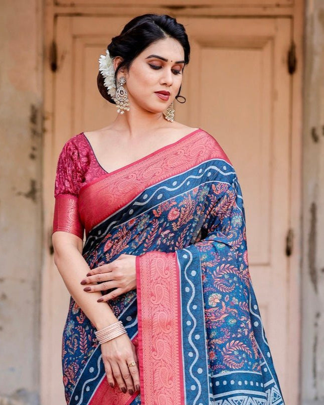 Teal Blue and Coral Tussar Silk Saree with Floral Weaves and Geometric Pallu
