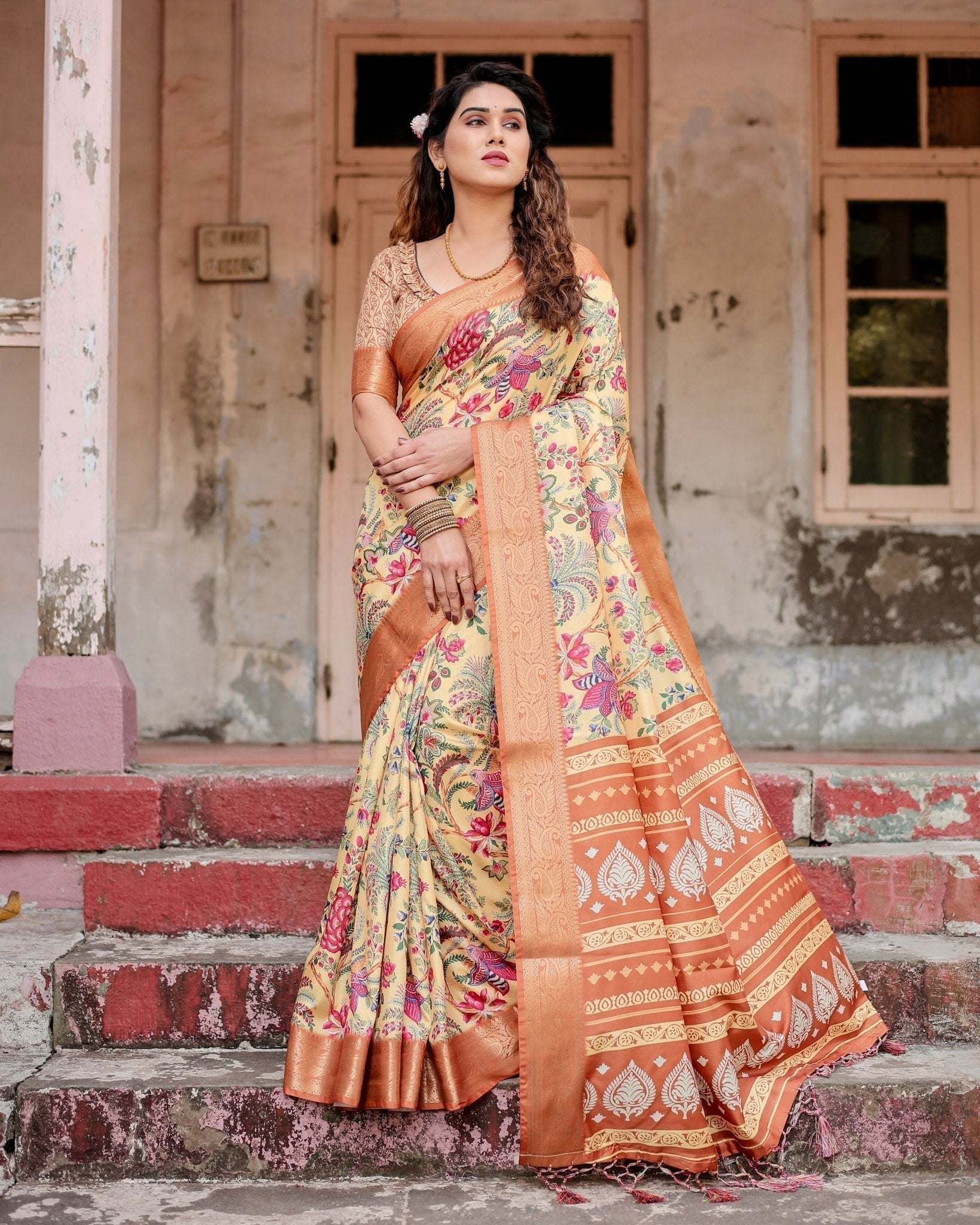 Golden Beige Tussar Silk Saree with Floral Paradise Print and Ornate Zari Border