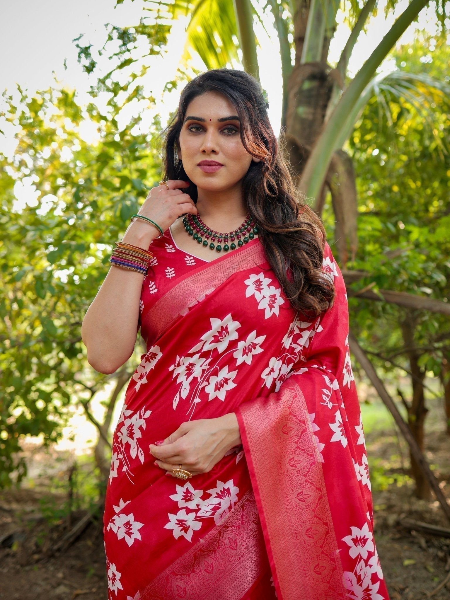 Graceful Red Tussar Silk Saree with White Floral Design and Zari Border