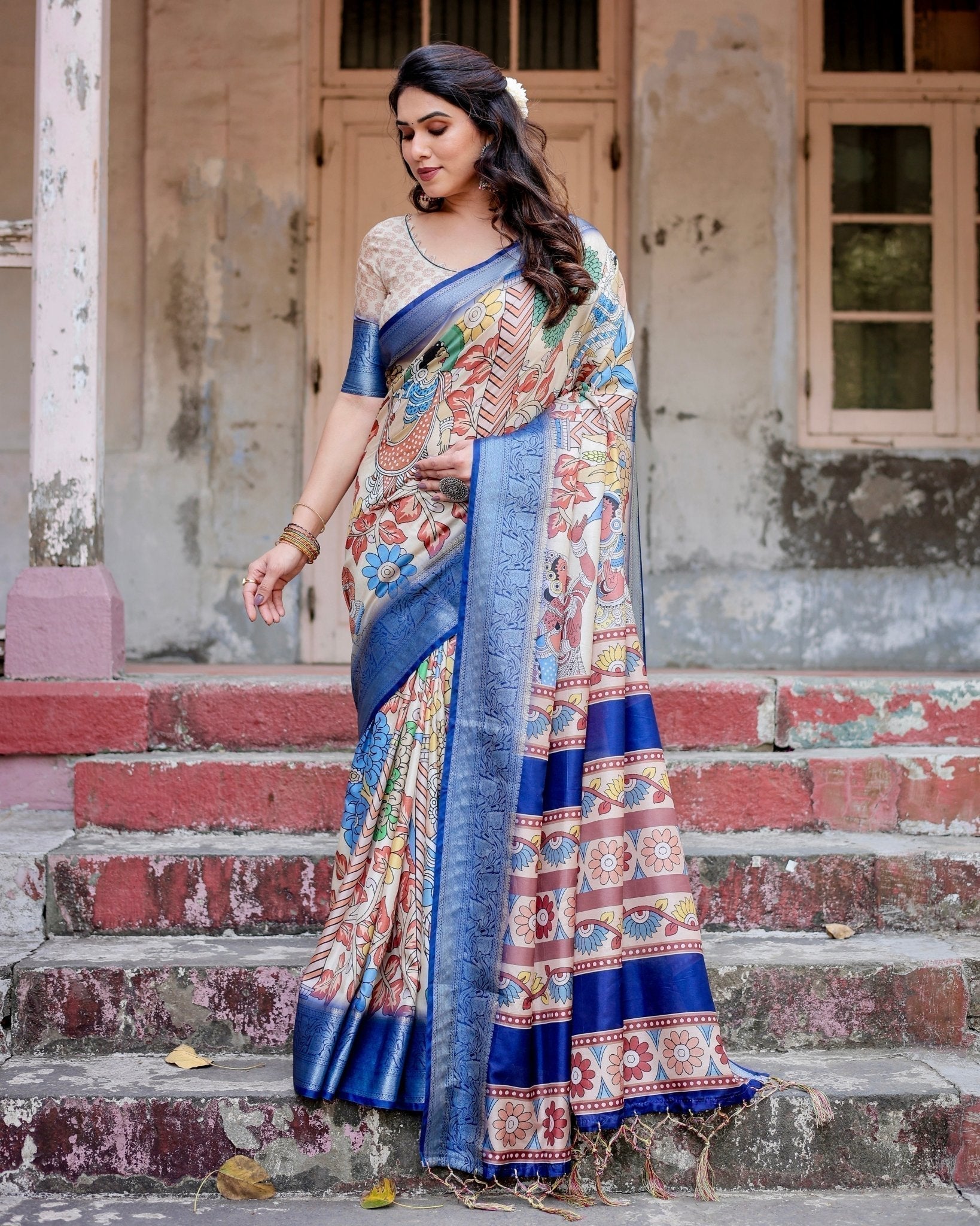 Multicolor Tussar Silk Saree with Artistic Floral Motifs and Traditional Blue Zari Border