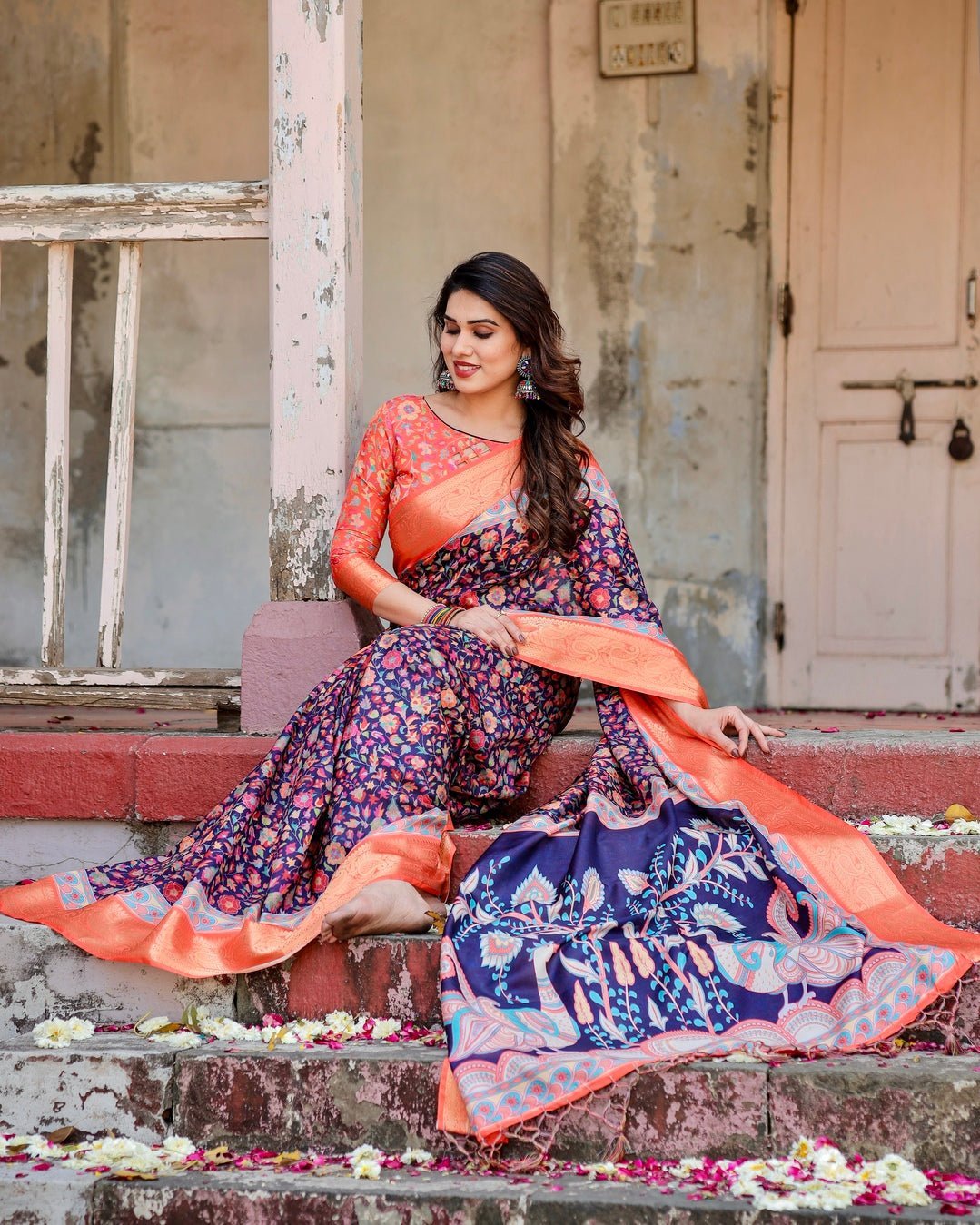 Navy Blue and Peach Tussar Silk Saree with Peacock Motifs and Floral Zari Border