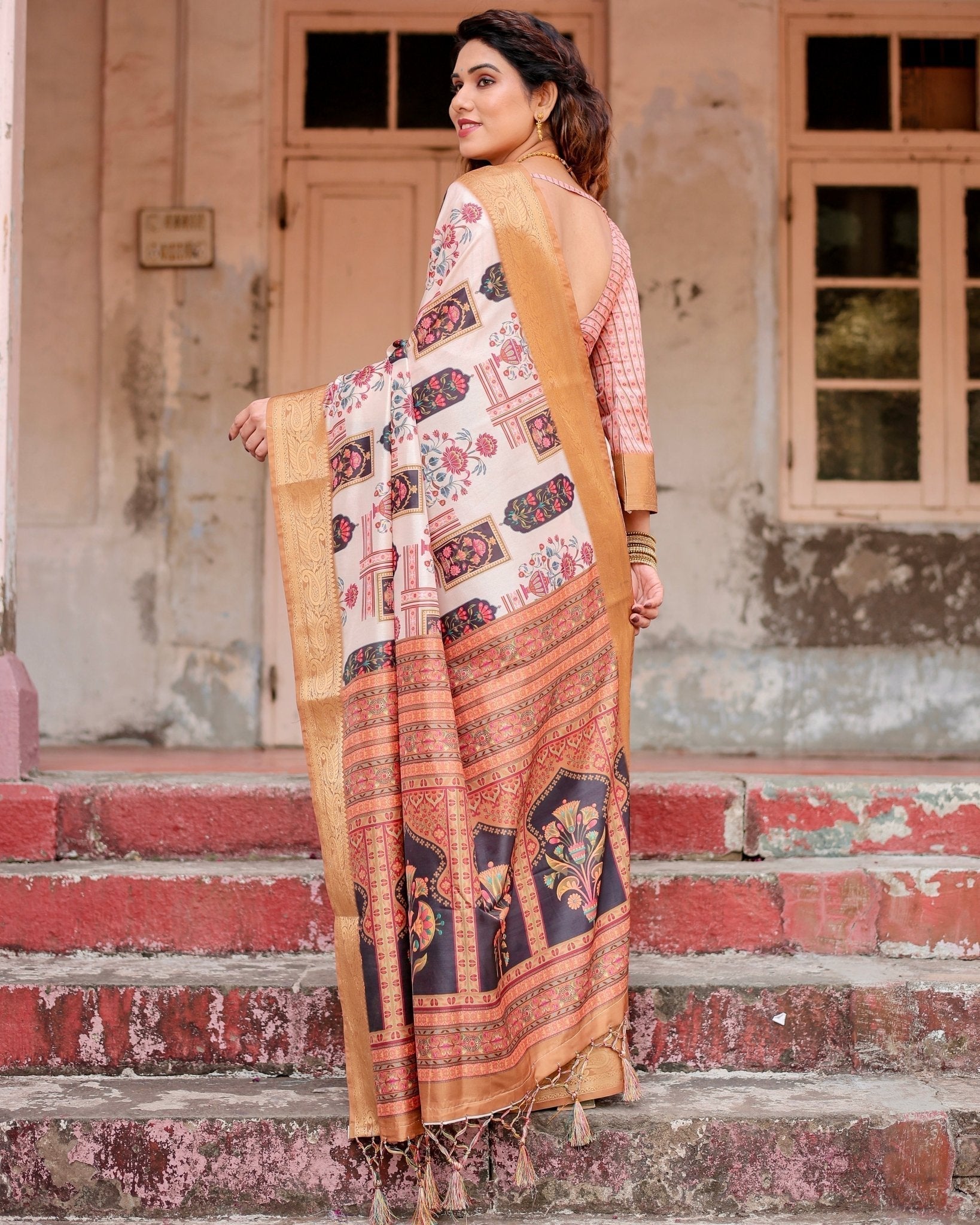 Ivory Tussar Silk Saree with Artistic Floral Motifs and Gleaming Golden Zari Border