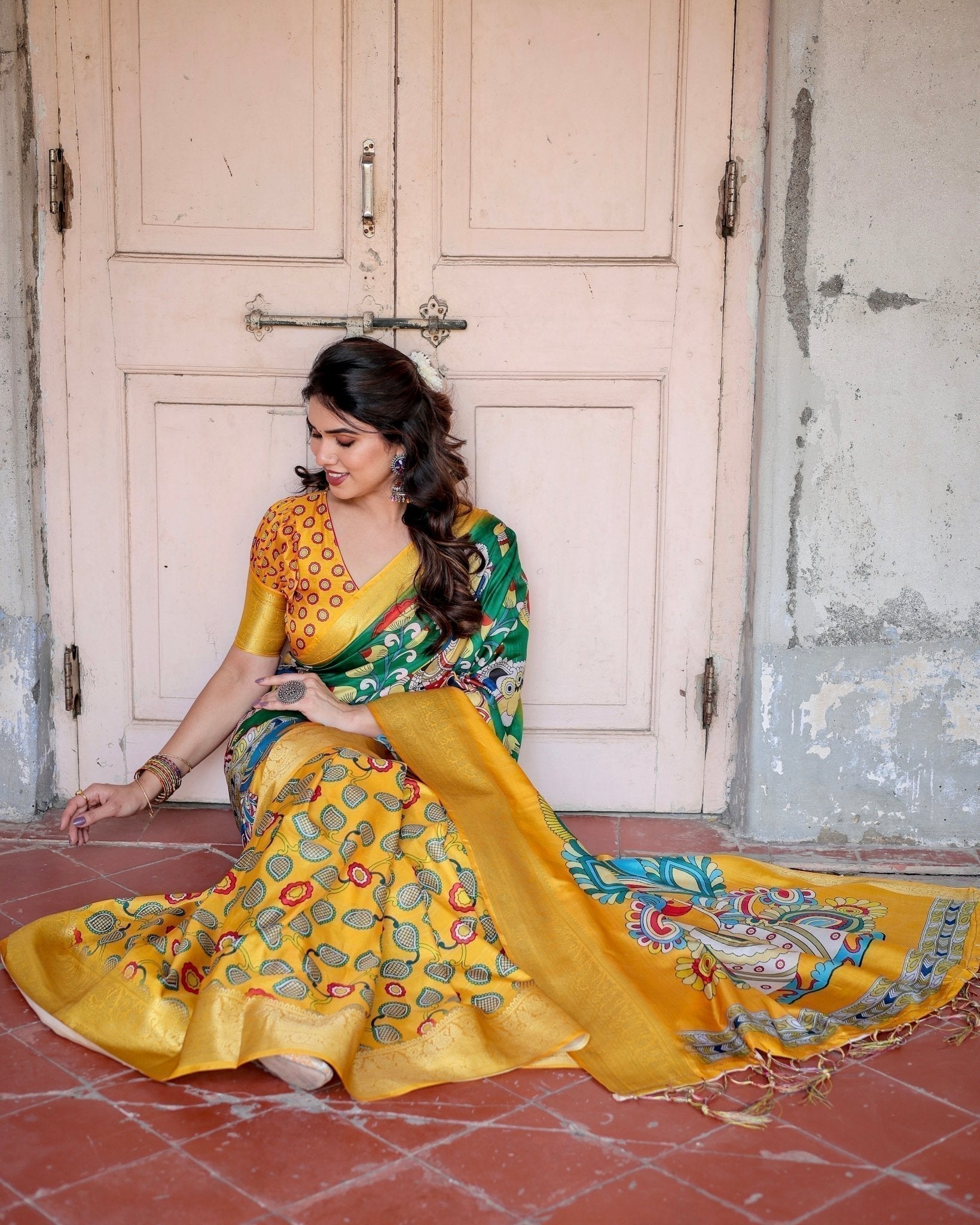 Golden Yellow Tussar Silk Saree with Vibrant Peacock Kalamkari Motifs
